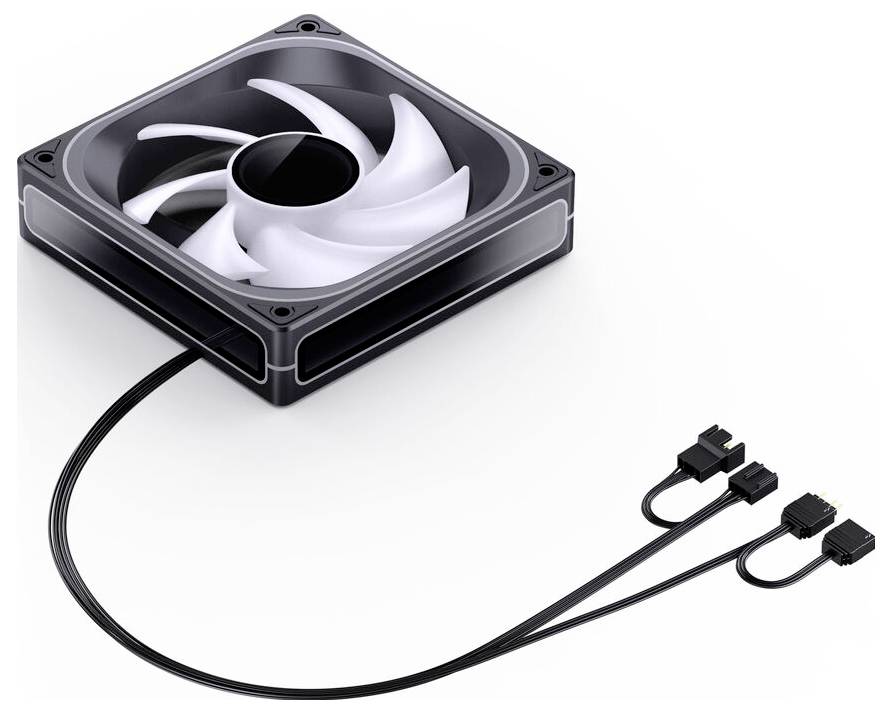 Černý počítačový chladicí ventilátor s bílými lopatkami, připojený ke třem černým kabelům s konektory, izolovaný na bílém pozadí.