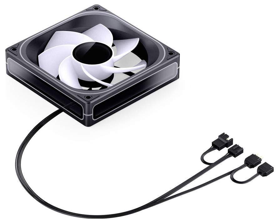 Černý počítačový chladicí ventilátor s bílými listy, připojený k kabelům se třemi konektory pro instalaci do počítače nebo elektronického zařízení.