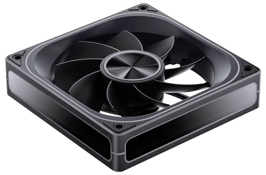 Elegantní, moderní počítačový ventilátor s hranatým rámem a velkými černými listy, navržený pro efektivní chlazení elektronických zařízení.