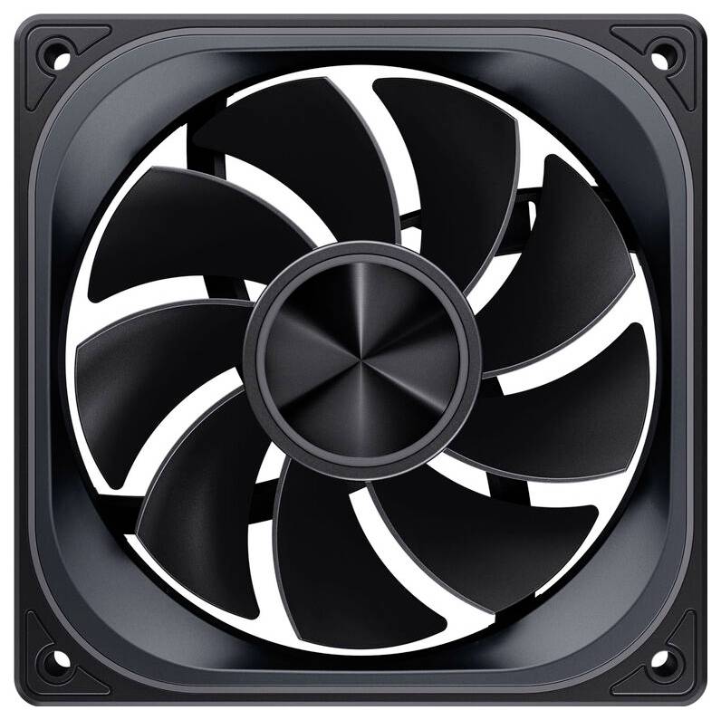 Černý počítačový chladicí ventilátor s devíti lopatkami uvnitř čtvercového rámu, pohled zepředu.