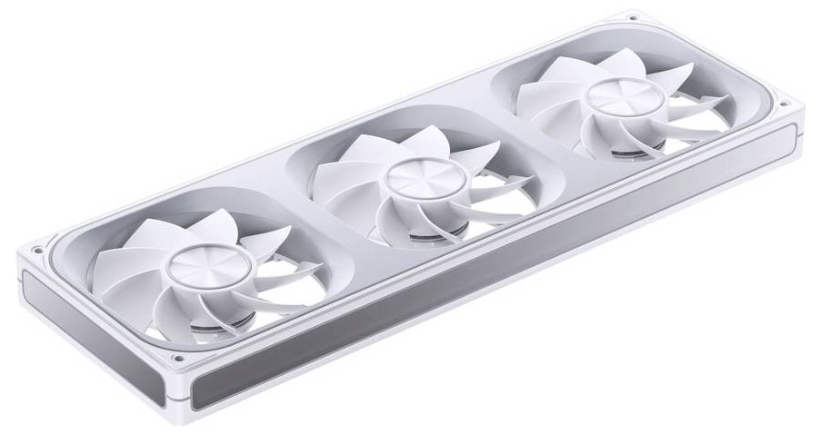 Elegantní, obdélníkový chladicí přístroj se třemi bílými ventilátory v řadě, navržený pro efektivní proudění vzduchu a regulaci teploty.