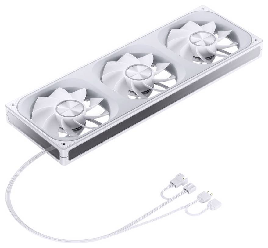 Obdélníková bílá chladicí jednotka ventilátorů se třemi velkými ventilátory a propojovacím kabelem se dvěma konektory.