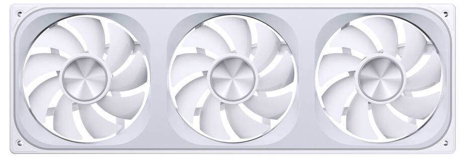 Tři bílé chladicí ventilátory uspořádané horizontálně v obdélníkovém rámu, umístěné na světlém, čistém pozadí.