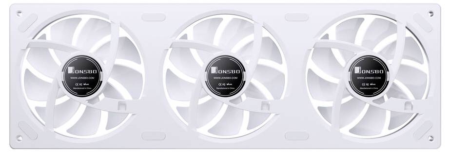 Tři bílé chladicí ventilátory uspořádané horizontálně v rámu, každý s černým středem zobrazujícím logo značky a technické specifikace.