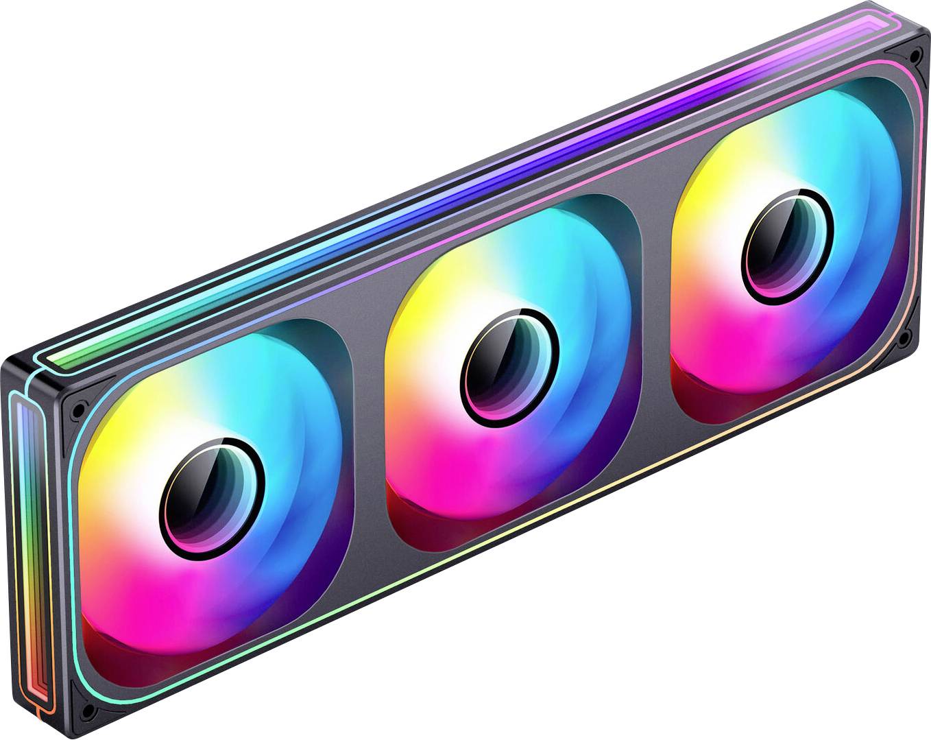 Počítačový chladicí ventilátor se třemi kruhovými, osvětlenými ventilátory zobrazujícími jasné RGB barvy, umístěnými v obdélníkovém krytu.