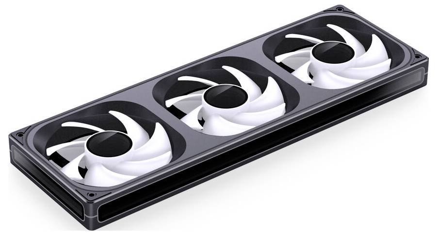 Řada tří bílých počítačových chladicích ventilátorů uspořádaných v černém obdélníkovém rámu, pravděpodobně určených ke zlepšení výkonu počítače.