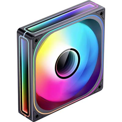 Počítačový chladicí ventilátor s čtvercovým rámem, vybavený jasným, vícebarevným RGB osvětlením po obvodu a uvnitř ventilátorových lopatek.