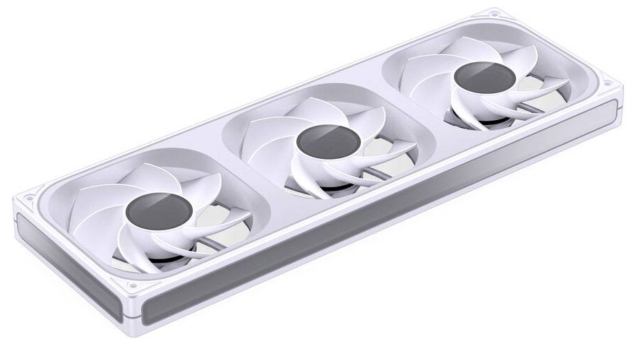 Obdélníkový bílý chladicí ventilátor se třemi kruhovými ventilátory v řadě, navržený pro elektronická zařízení nebo počítačové systémy.