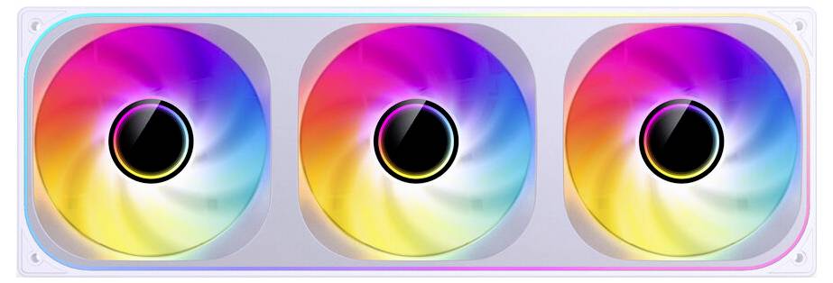 Tři živé RGB ventilátory se zářícími světly v obdélníkovém bílém kovovém rámu, pravděpodobně určené pro chlazení počítačového systému.