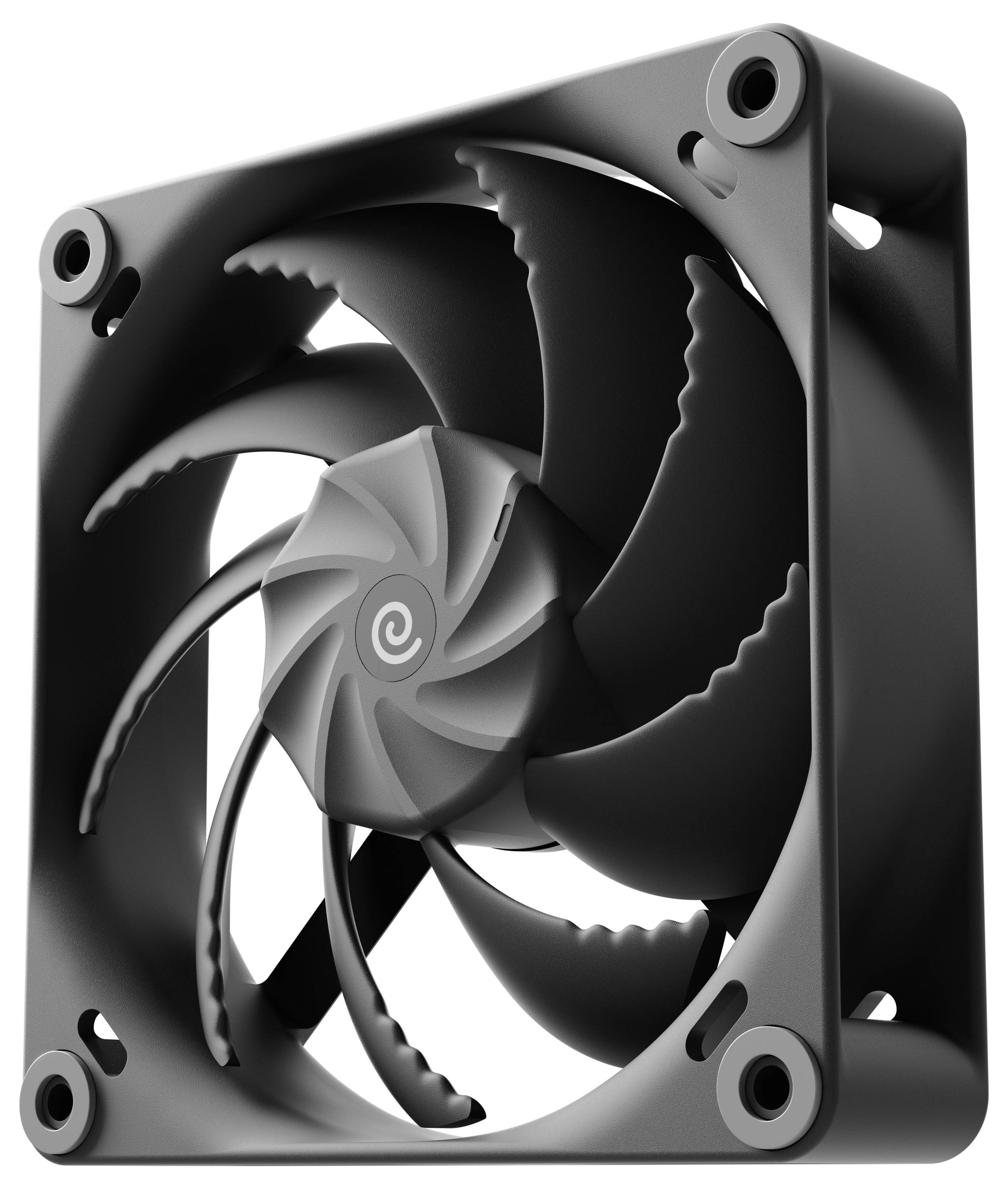 Černý čtvercový počítačový ventilátor s centrálním spirálovým designem a zakřivenými lopatkami, umístěný v jednoduchém rámu se čtyřmi montážními otvory v rozích.