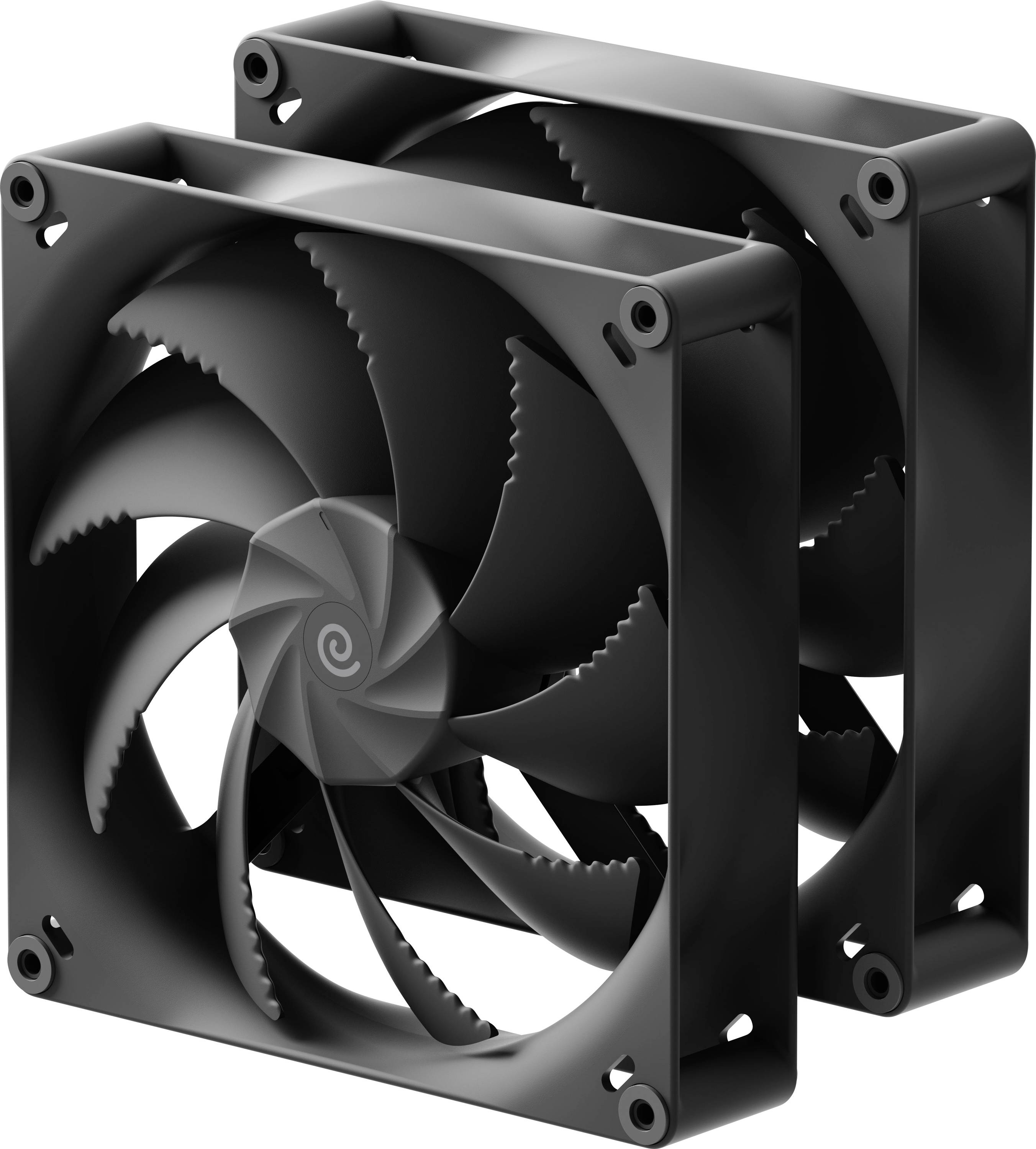 Dva černé chladicí ventilátory se spirálovým logem, vybavené několika lopatkami navržené pro optimální proudění vzduchu v elektronických zařízeních.