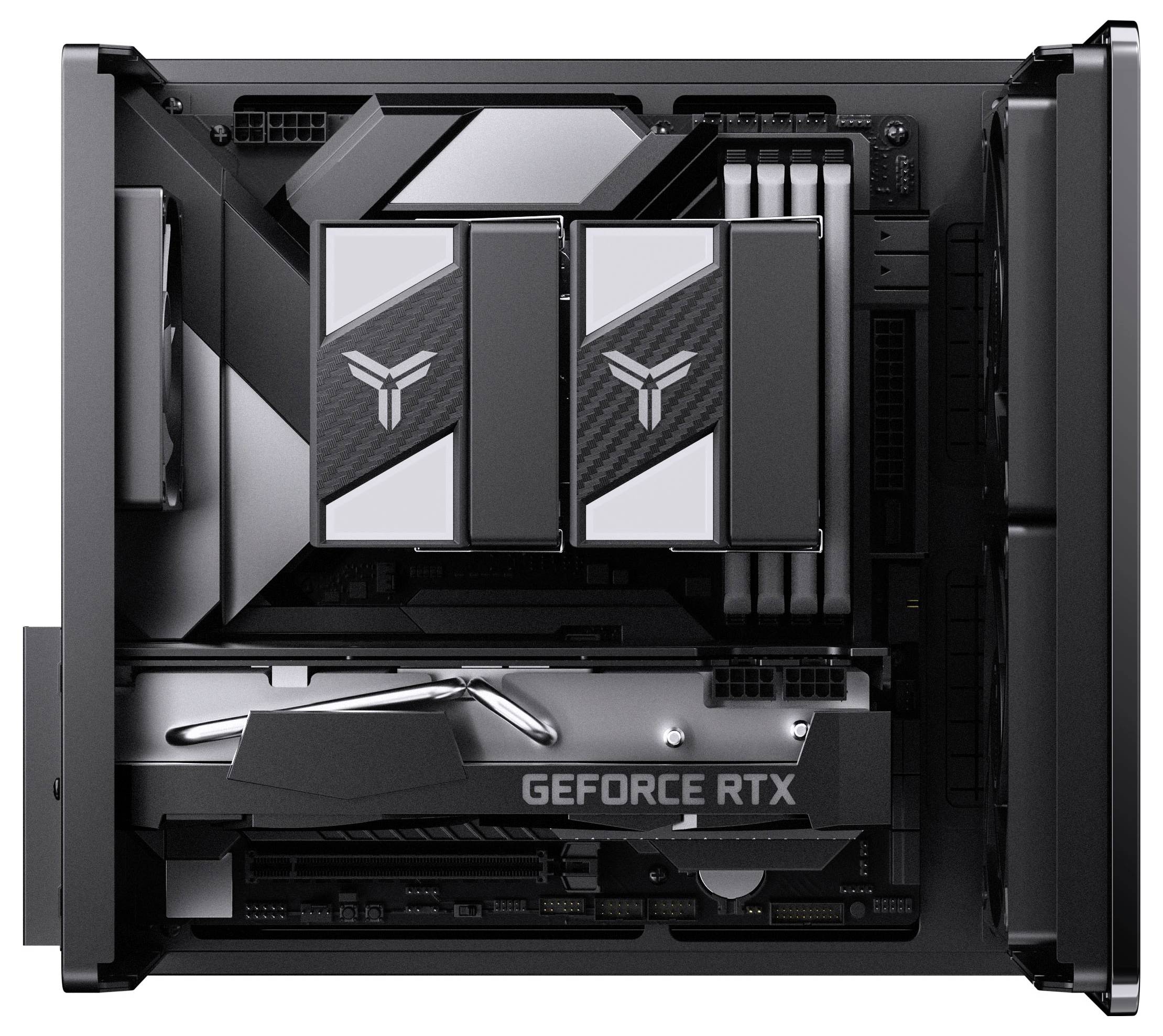 Vysoce výkonné počítačové nastavení s grafickou kartou GeForce RTX a sofistikovaným chladícím systémem uvnitř moderního skříně.