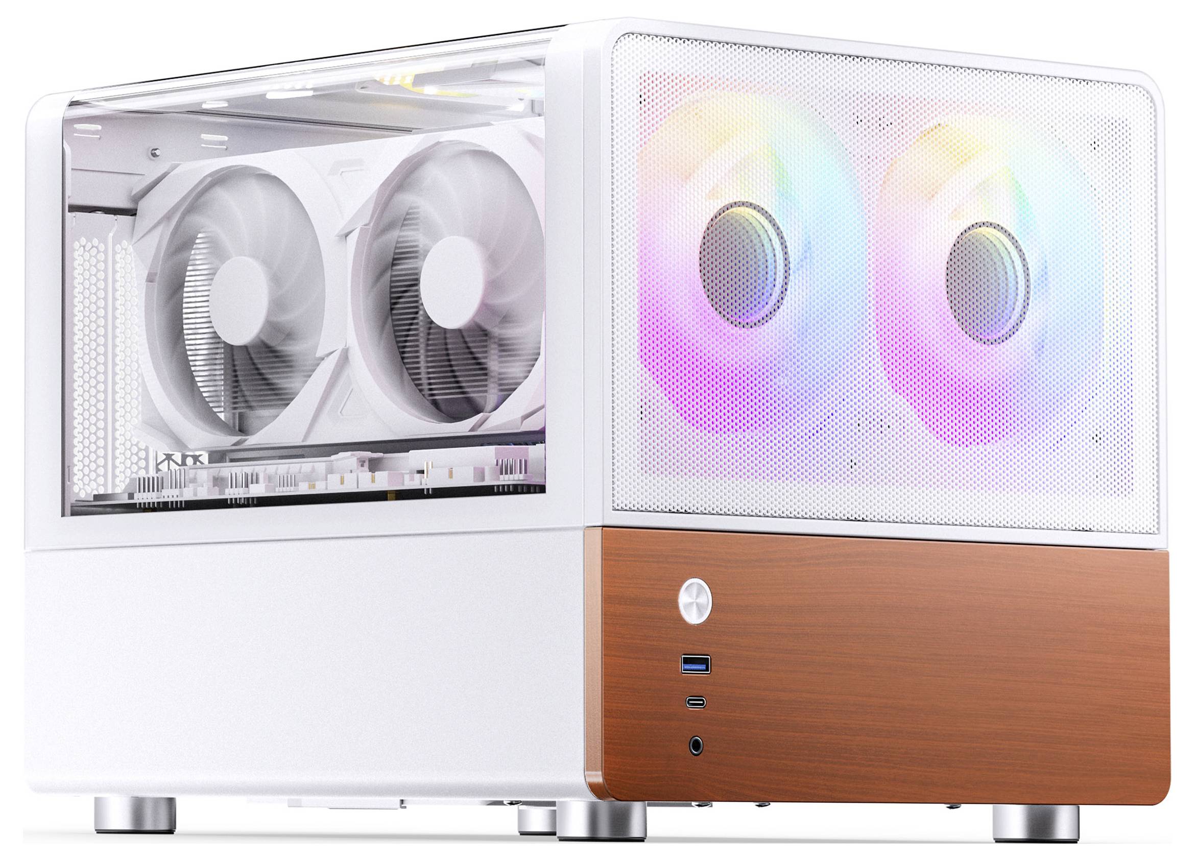 Bílá a hnědá kompaktní skříň počítače s mřížkovou přední částí, opatřená dvěma velkými, osvětlenými ventilátory vykazujícími barevné RGB osvětlení.