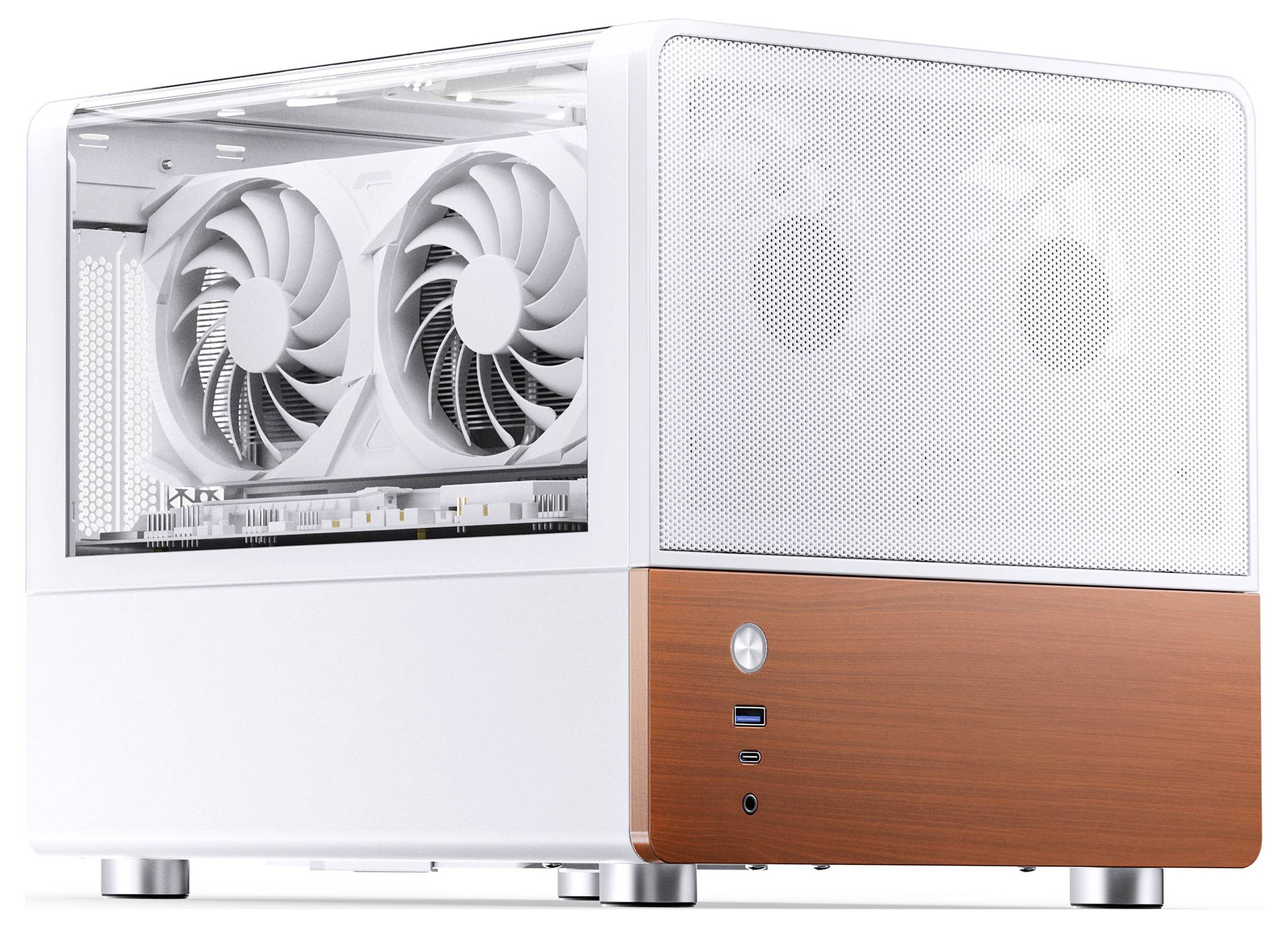 Kompaktní bílé pouzdro desktopového počítače s dekorem imitujícím dřevo a transparentním bočním panelem, který vystavuje chladicí ventilátory a grafickou kartu uvnitř.