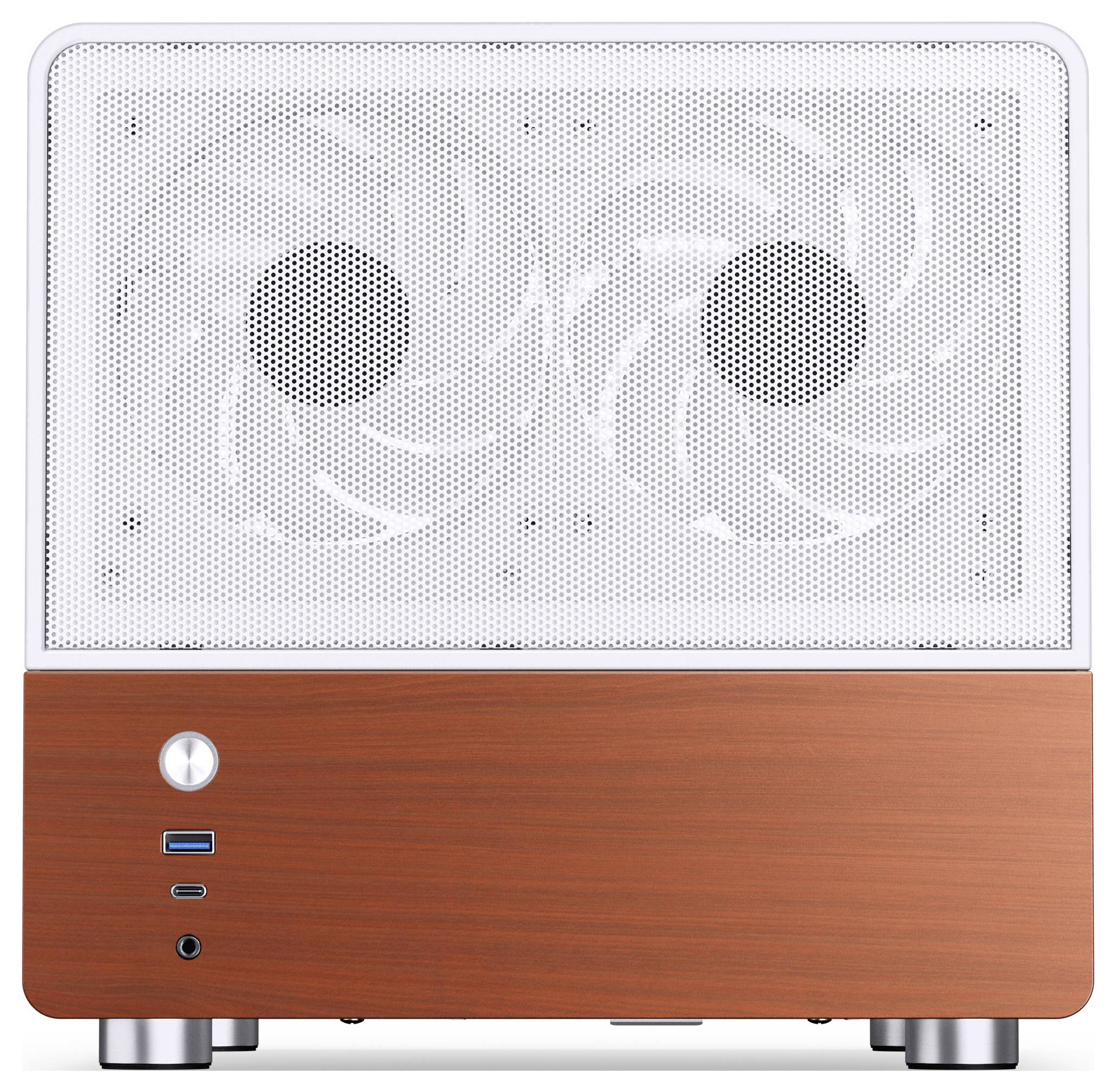 Kompaktní skříň stolního počítače v bílé barvě a s dřevěným povrchem se dvěma viditelnými chladicími ventilátory za děrovaným předním panelem.