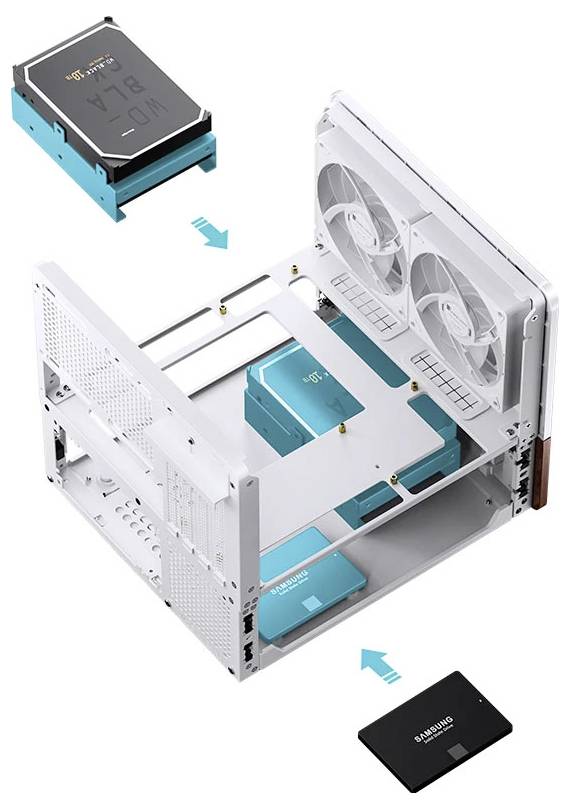 Průvodce instalací počítačové skříně ukazující dvě jednotky umístěné nad a pod skříní. Šipky označují, kam umístit jednotky.