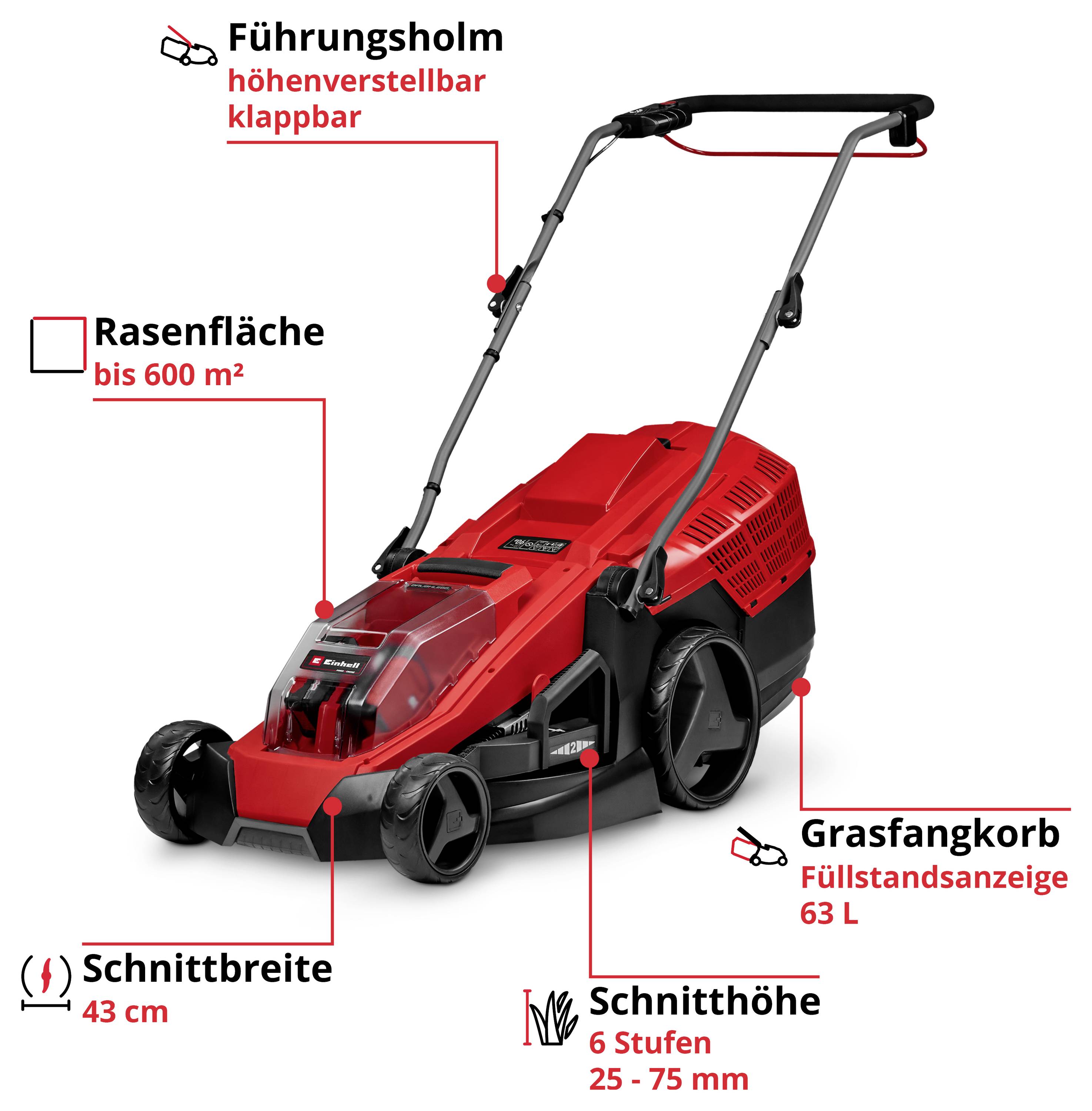 Červená sekačka s sklopnou řídicí rukojetí, vhodná pro plochy až 600 m². Šířka záběru 43 cm, výška sečení 25–75 mm, travní koš o objemu 63 litrů.