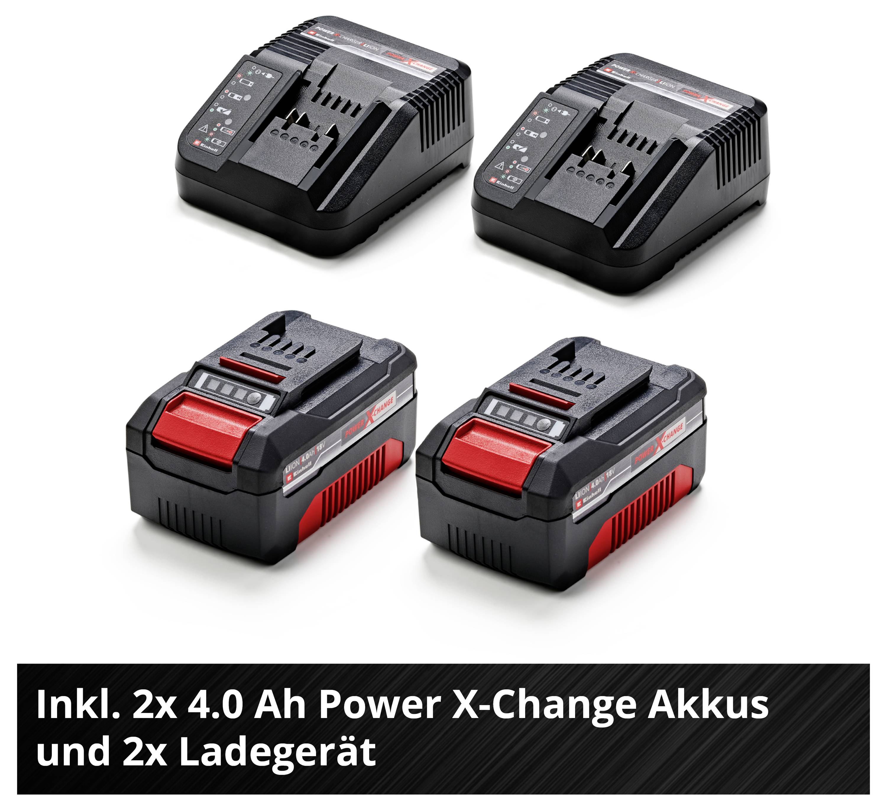 Dva nabíječe a dva 4,0 Ah Power X-Change akumulátory. Text zobrazuje 'Včetně 2x 4,0 Ah Power X-Change akumulátorů a 2x nabíječe'.