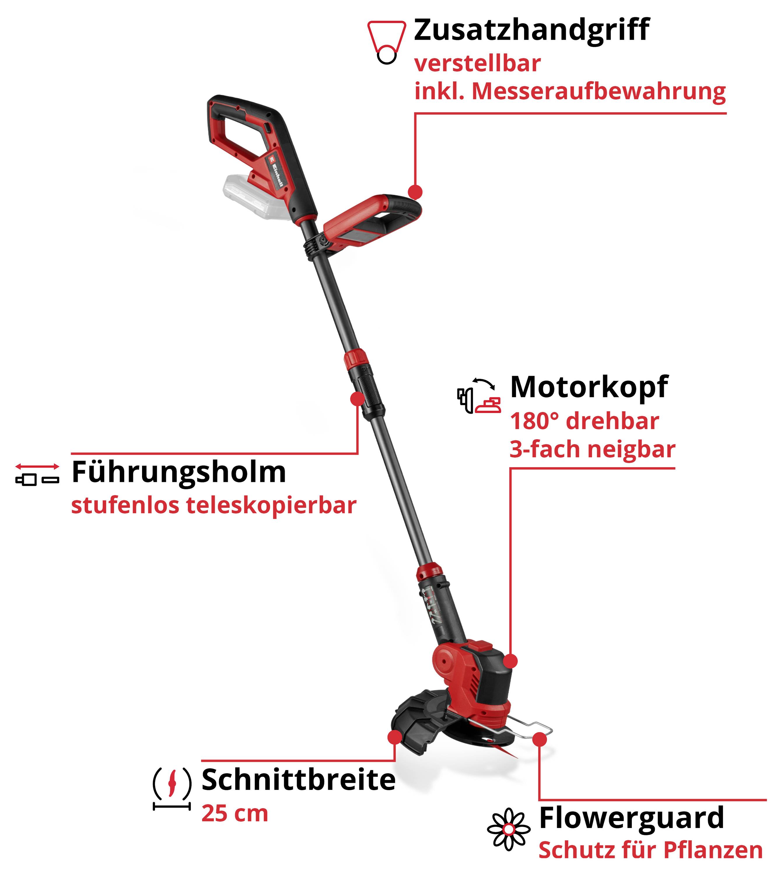 Elektrický travní zastřihovač s nastavitelnou přídavnou rukojetí, motorovou hlavou otočnou o 180° a ochranou rostlin. Šířka sečení 25 cm.