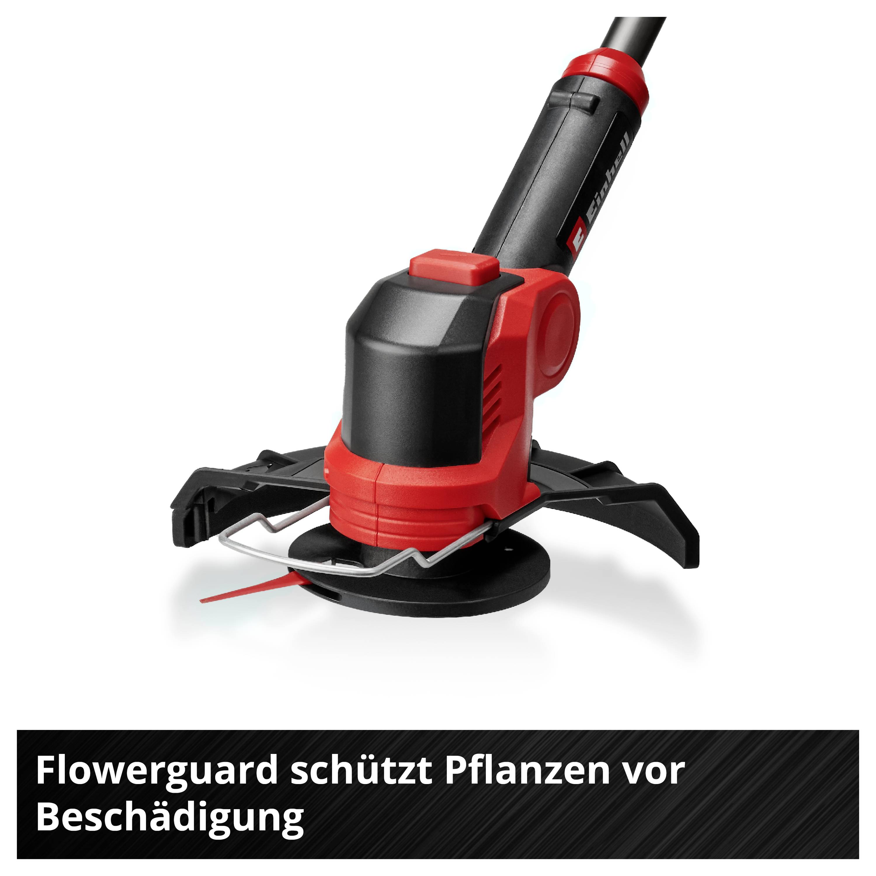 Elektrický vyžínač s ochranným mechanismem k ochraně rostlin před poškozením; text: 'Flowerguard chrání rostliny před poškozením'.