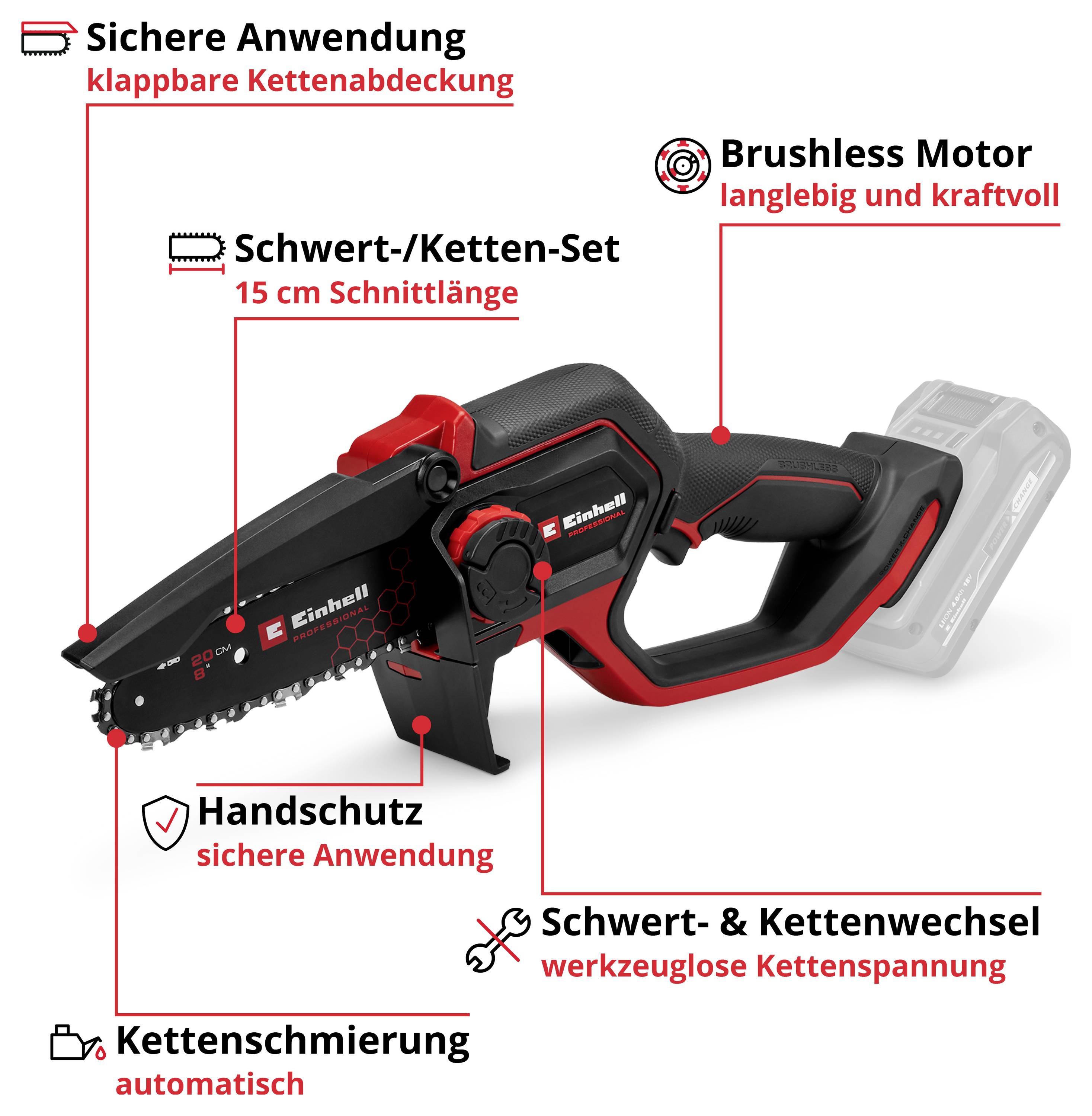 Kompaktní motorová pila s 15 cm délkou řezu, sklopným krytem řetězu, automatickým mazáním řetězu a bezkartáčovým motorem.
