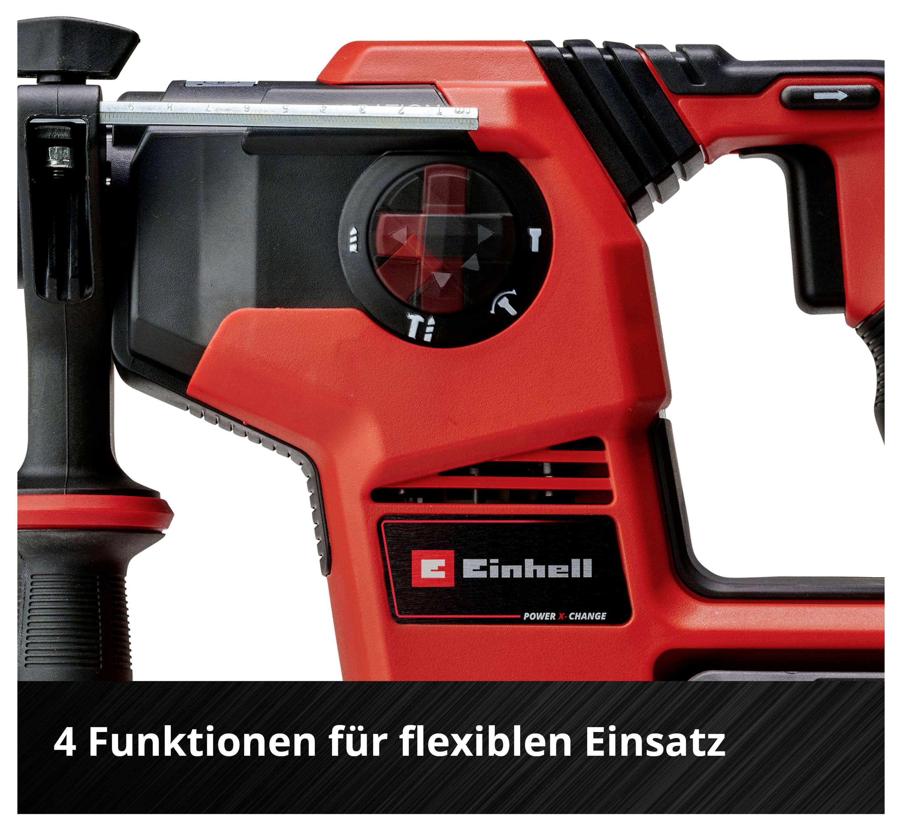 'Einhell' multifunkční nástroj v červené barvě. Text: '4 funkce pro flexibilní použití'.
