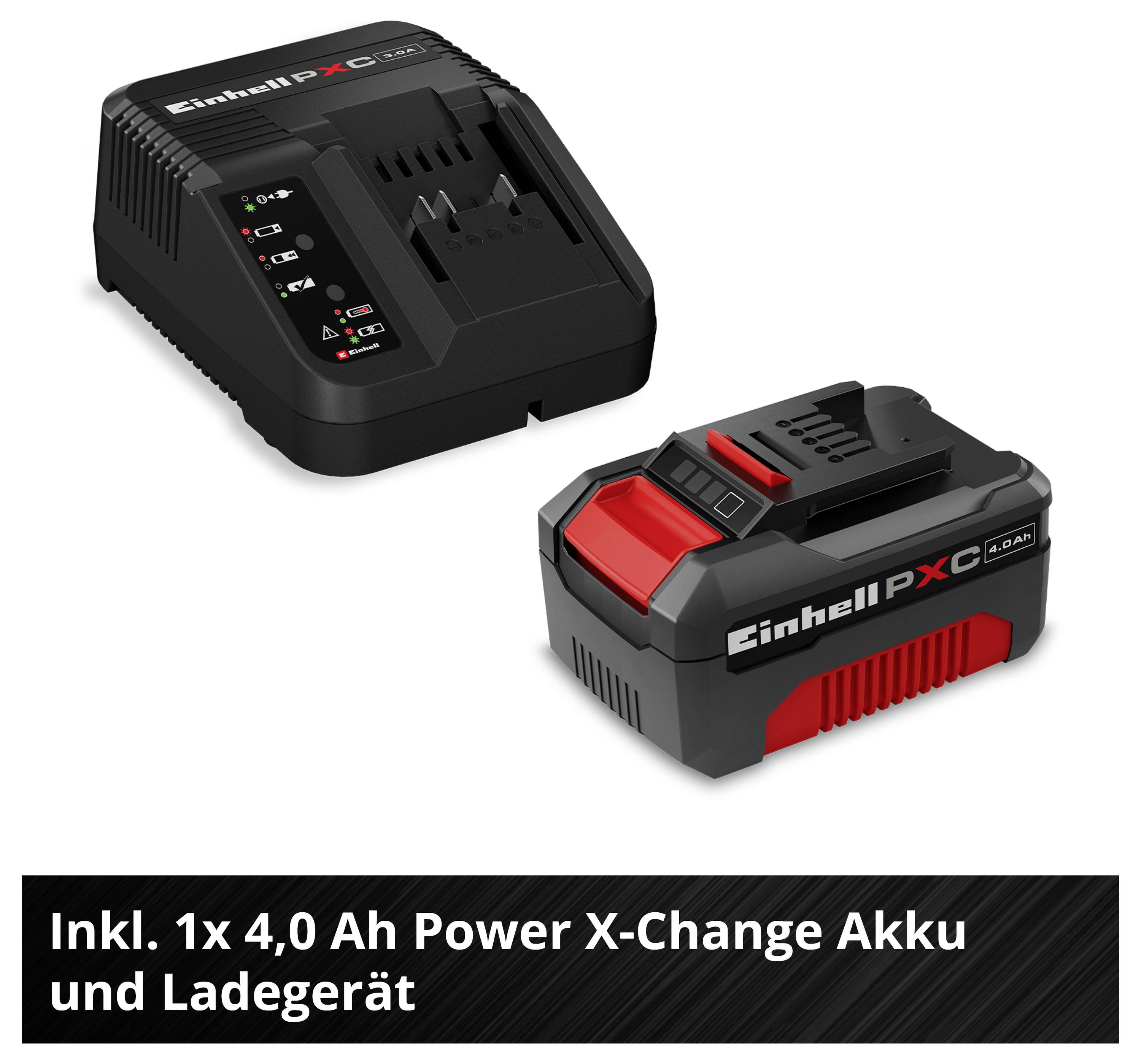 Einhell Power X-Change sada s nabíječkou a 4,0Ah baterií; Text: 'Včetně 1x 4,0 Ah Power X-Change baterie a nabíječky'