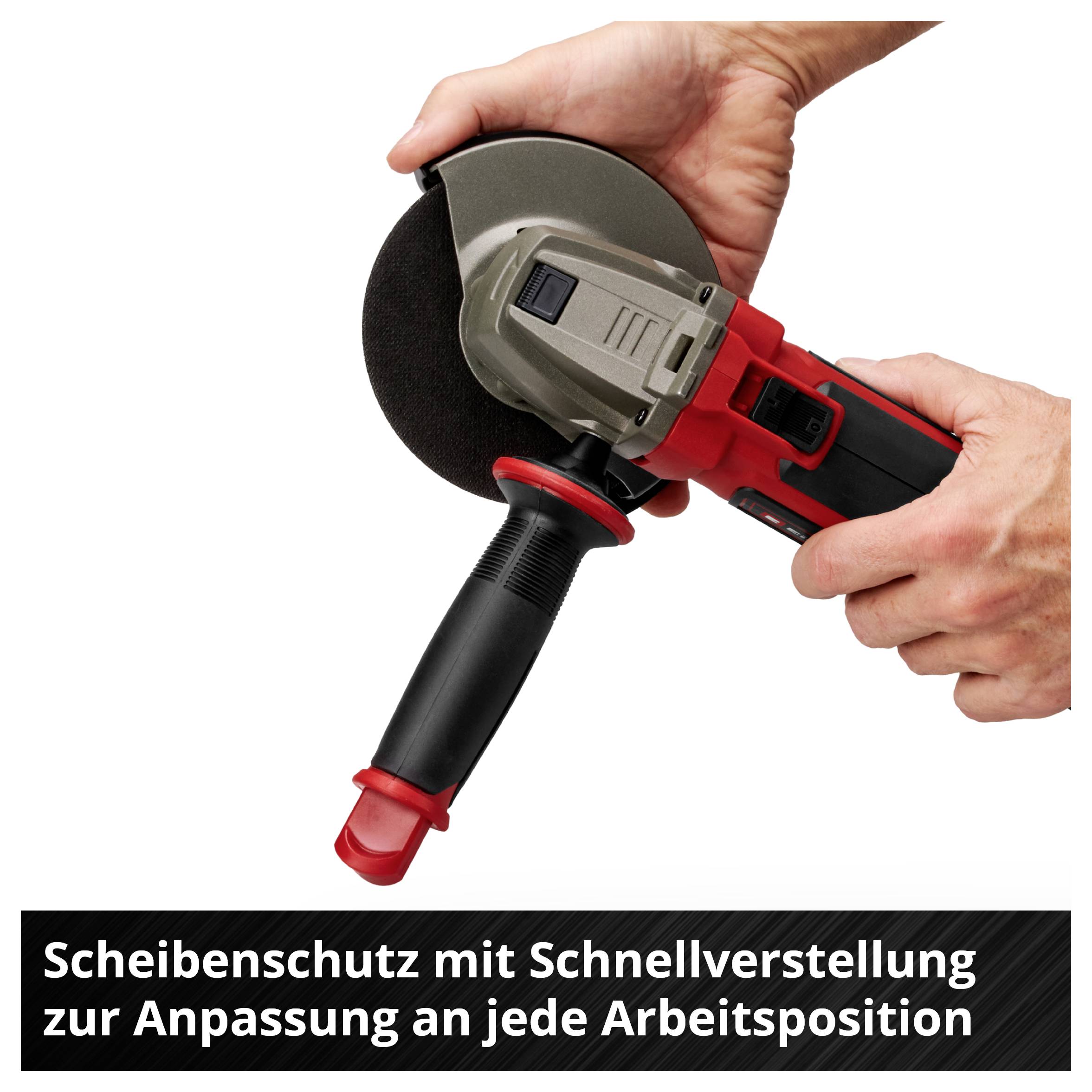 Ruka drží úhlovou brusku, nastavitelný kryt kotouče a rukojeť, text: 'Kryt kotouče s rychlonastavením pro přizpůsobení každé pracovní poloze'.