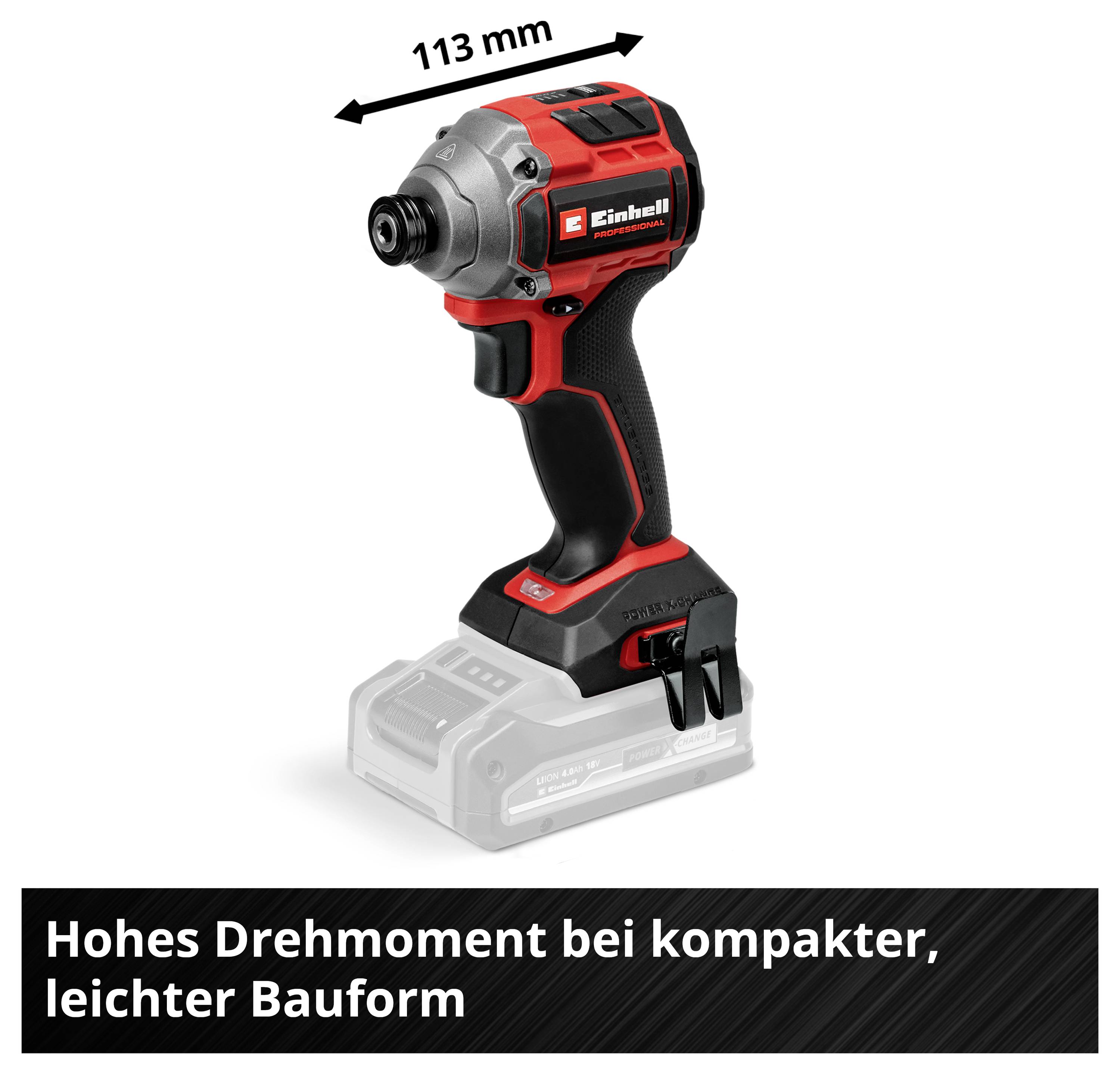 Akumulátorový rázový šroubovák s vysokým krouticím momentem, kompaktní a lehkou konstrukcí. Délka: 113 mm.