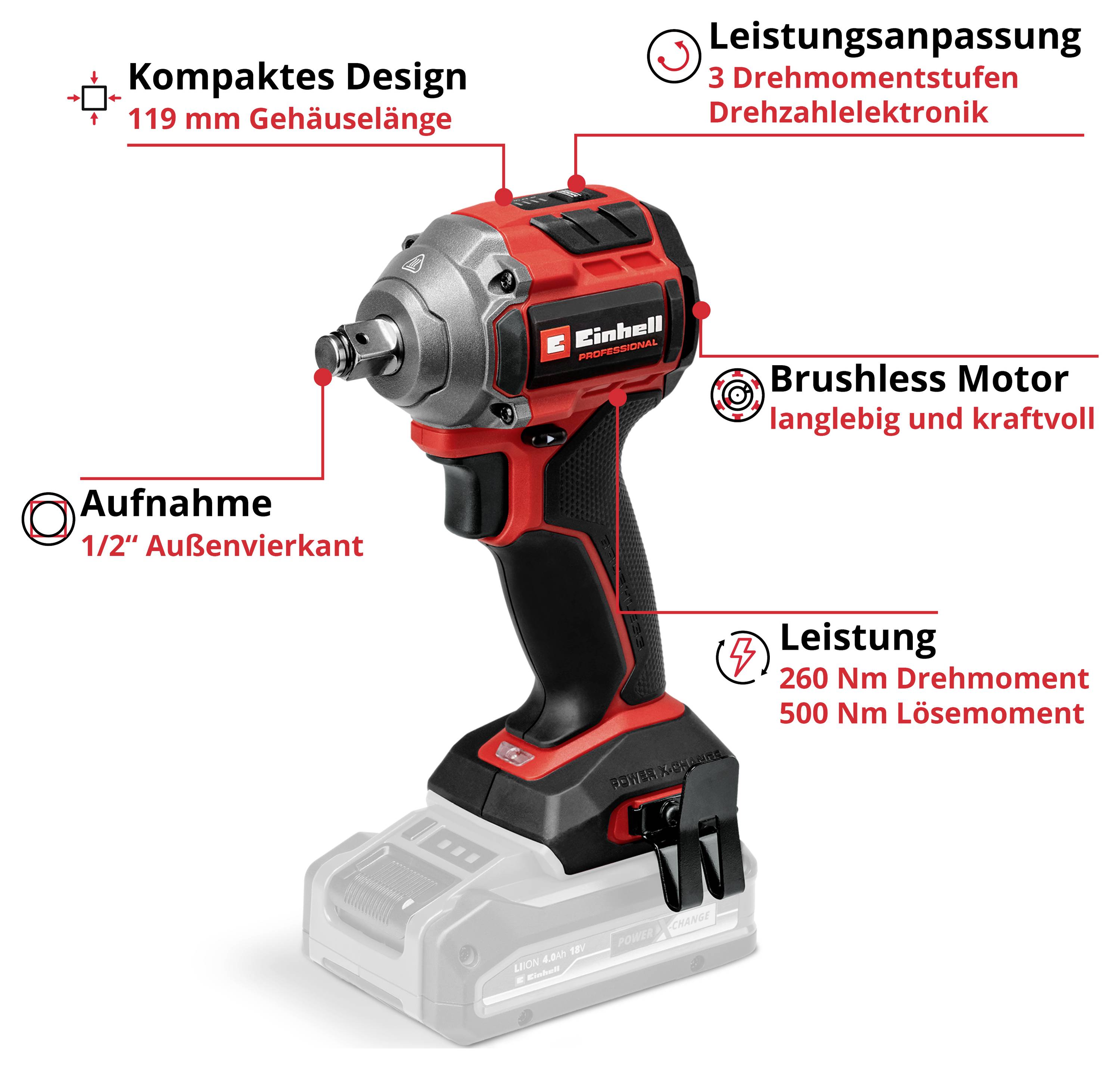 Červený akumulátorový rázový šroubovák s 'kompaktním designem', 'úpravou výkonu', 'bezkomutátorovým motorem', 'uchycením' a 'výkonem' jako hlavními charakteristikami.
