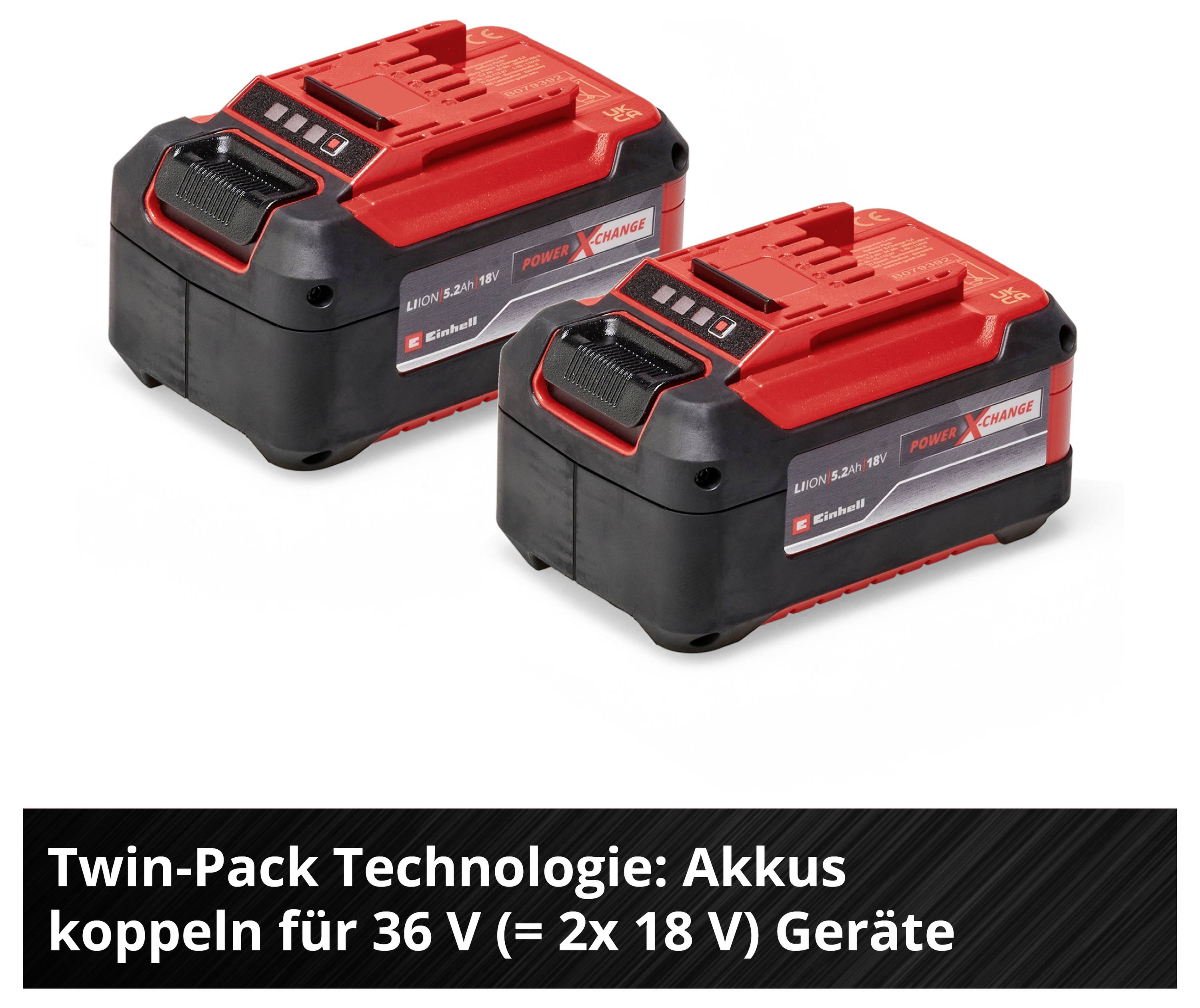Dva červené lithium-iontové akumulátory značky Einhell s 18 V, popsané jako 'Technologie Twin-Pack: propojení akumulátorů pro zařízení s 36 V (= 2x 18 V)'.