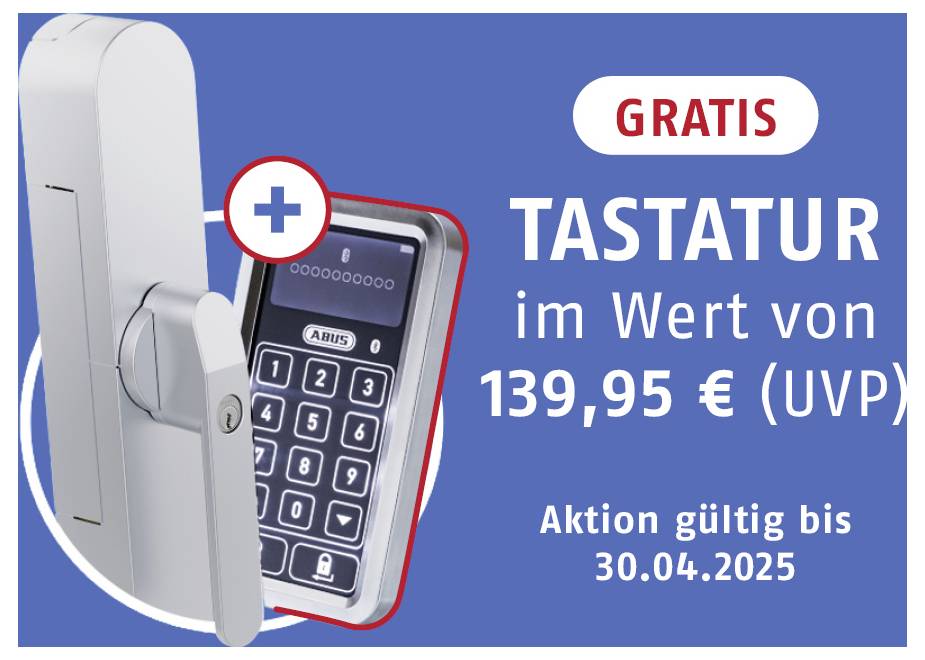 Dveřní zámek s klávesnicí s označením 'ABUS', s textem 'Klávesnice zdarma v hodnotě 139,95 EUR (doporučená maloobchodní cena) Akce platná do 30.04.2025'