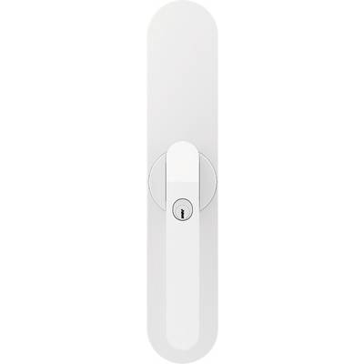 Minimalistická bílá klika dveří se zabudovanou klíčovou dírkou u své spodní části, prezentující elegantní, moderní design.