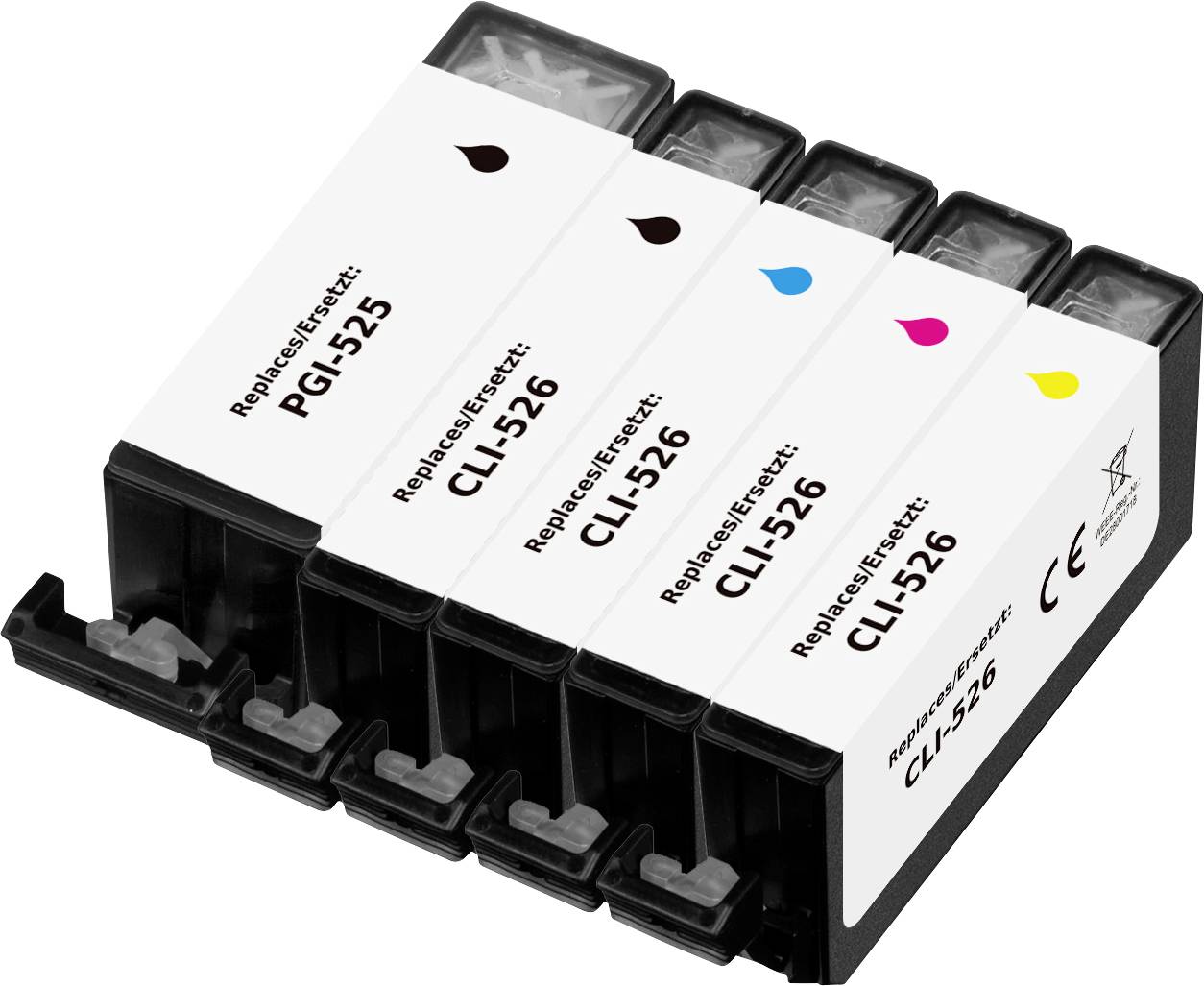 Pět inkoustových kazet pro tiskárnu Epson, označené PGI-525 a CLI-526 v černé, azurové, purpurové a žluté barvě.