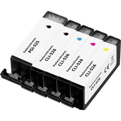 Pět inkoustových kazet pro tiskárnu Epson, označené PGI-525 a CLI-526 v černé, azurové, purpurové a žluté barvě.