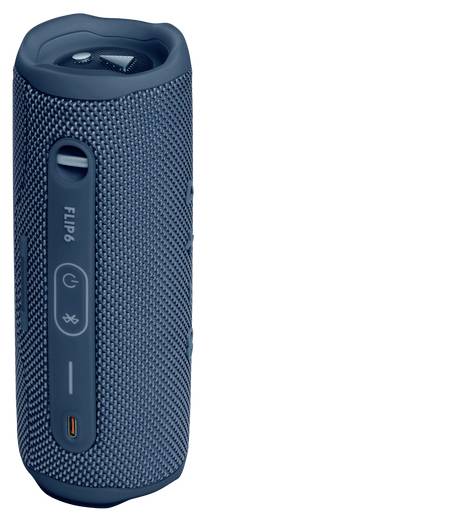 Modrý válcový přenosný bluetooth reproduktor s texturovaným povrchem. Má ovládací tlačítka a nabíjecí port po straně.