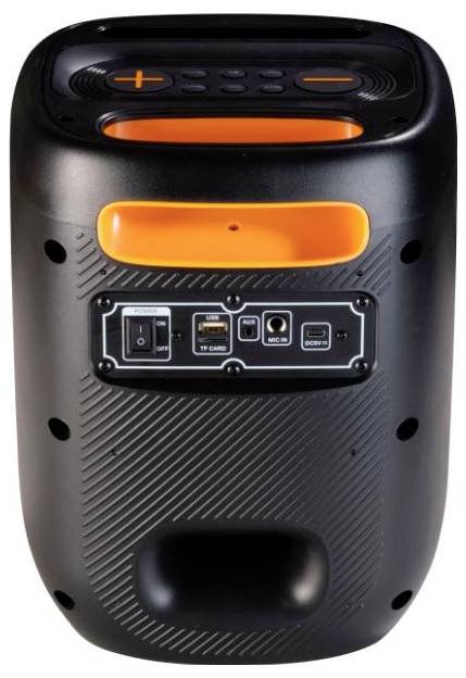 Černý a oranžový bluetooth reproduktor s ovládacími tlačítky na horní straně, vstupními porty na zadní straně pro audio a nabíjení a texturovaným designem.