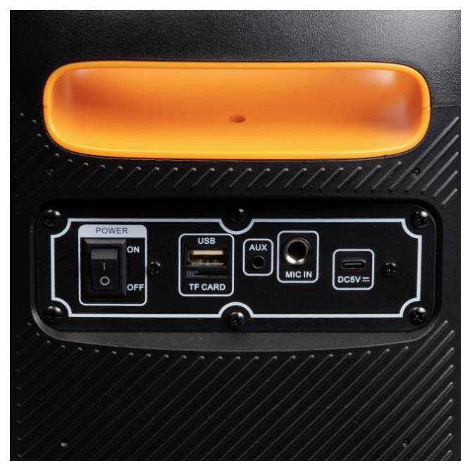 Zadní panel reproduktoru s oranžovou rukojetí. Obsahuje vypínač, USB port, slot na TF kartu, AUX vstup, mikrofonový vstup a DC 5V zásuvku.