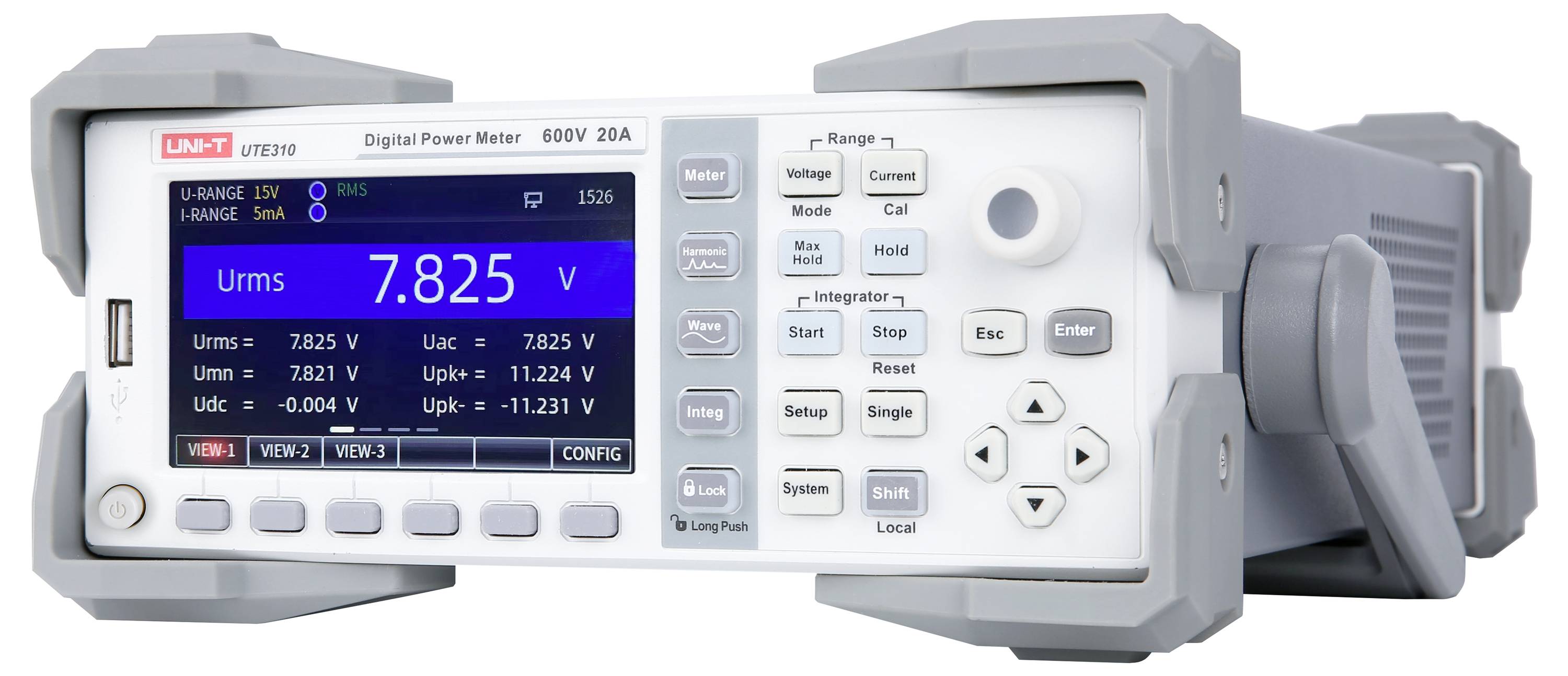 Digitální wattmetr zobrazující napěťový údaj 7,825 V s různými měřicími tlačítky a modře podsvíceným displejem.