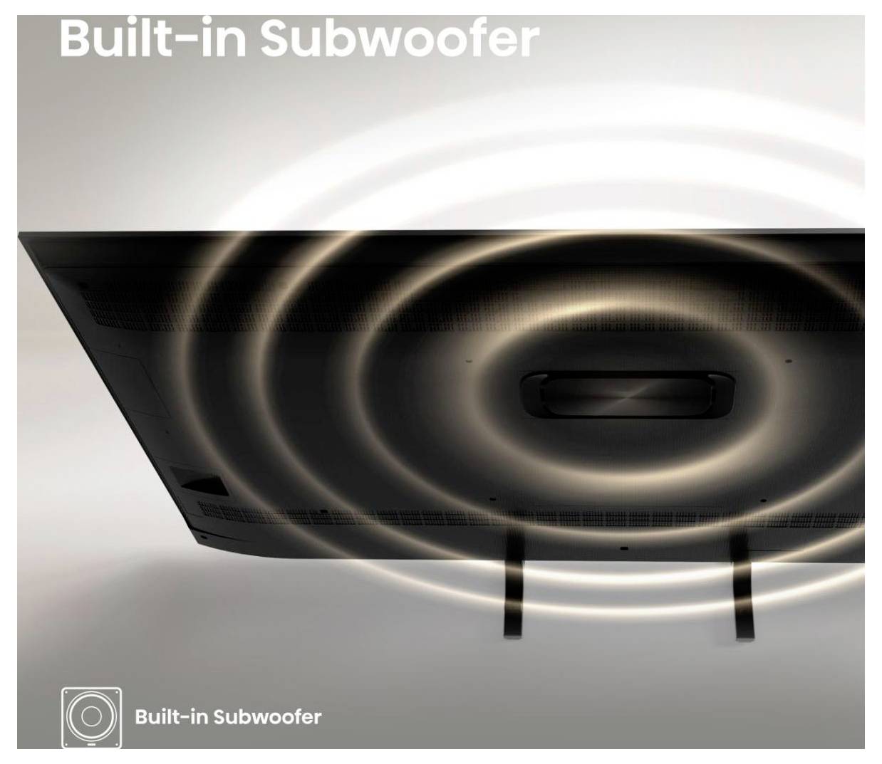 „Vestavěný subwoofer" překryté na obrázku televizoru s původem zvukových vln z integrovaného reproduktoru umístěného dole