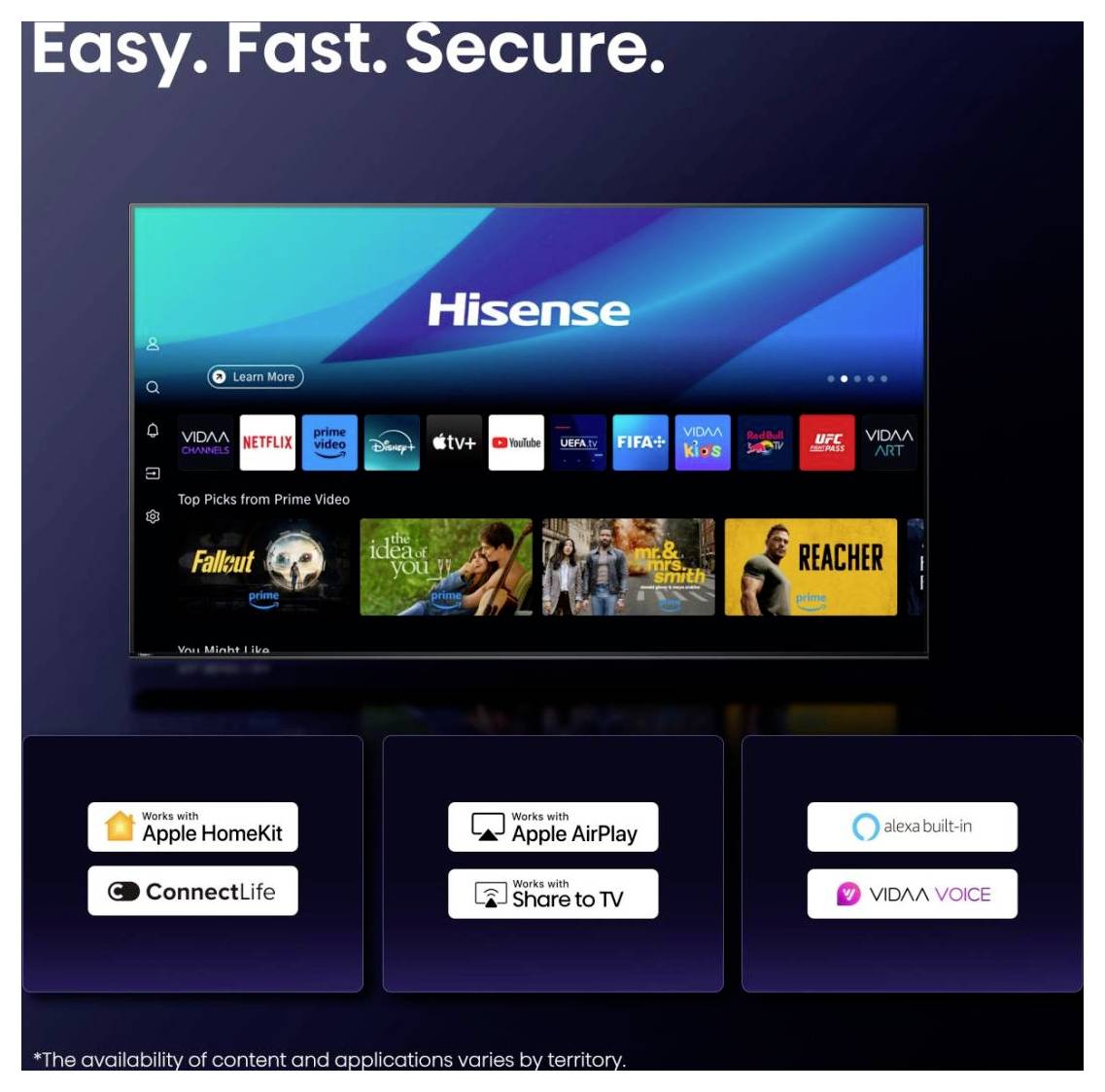 Televize zobrazující různé streamovací aplikace jako Netflix, Apple TV a Prime Video. Funkce zahrnují Apple HomeKit, AirPlay, Alexu a Vidaa Voice.