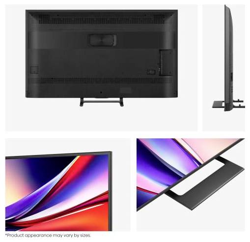 Černý monitor zobrazený z různých úhlů, zvýrazňující přední displej s živými barvami, zadní panel a boční profil.