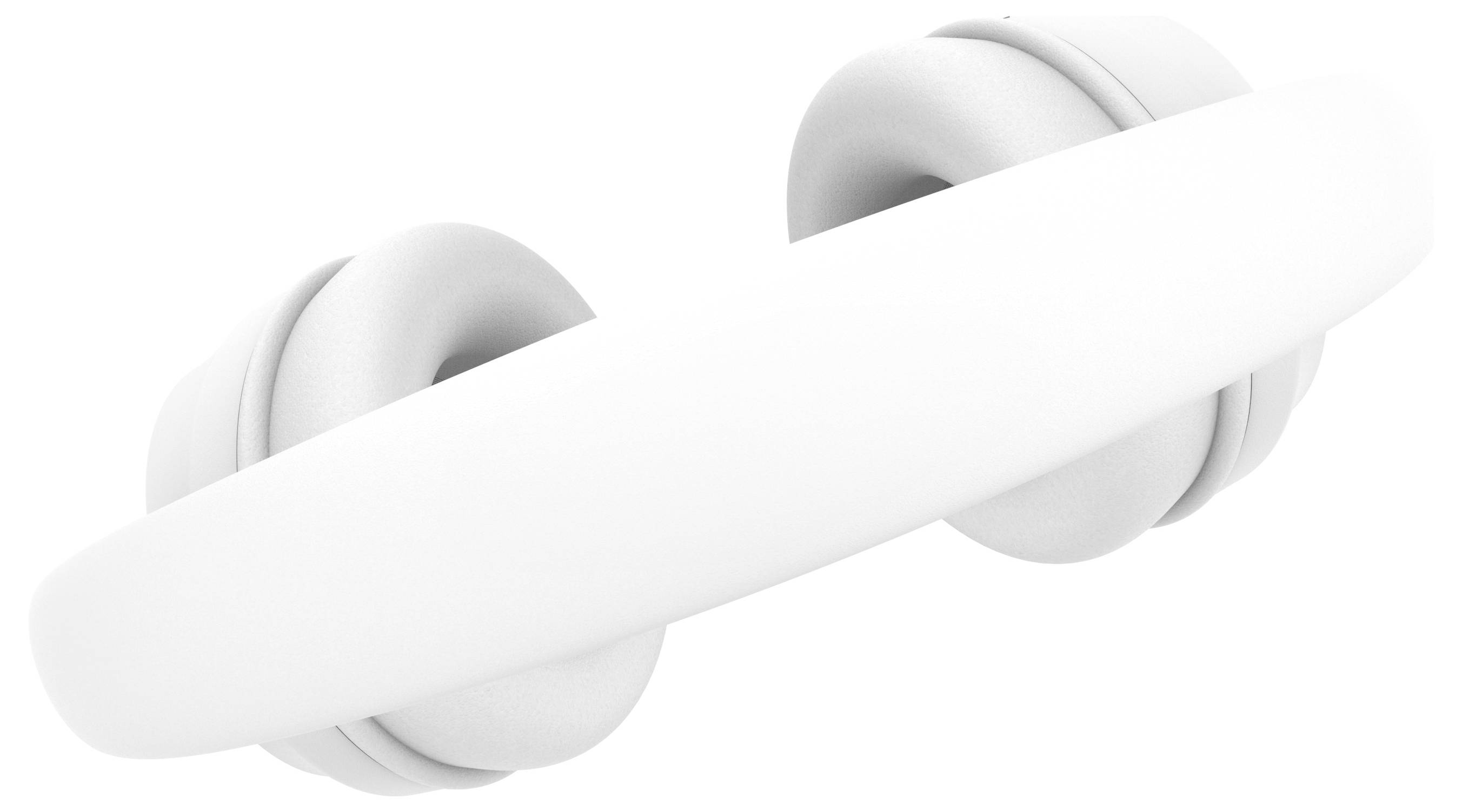 Pár bílých náhlavních sluchátek s minimalistickým a elegantním designem, vybavený polstrovanými náušníky a hladkým čelenkovým obloukem.