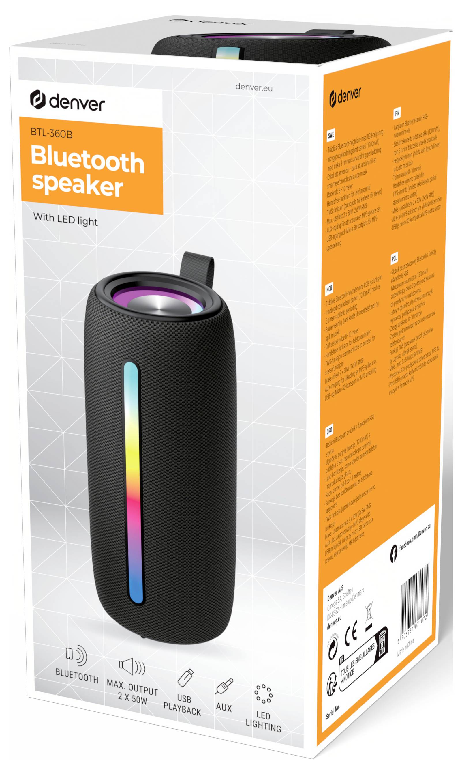 Bluetooth reproduktor v krabici s LED osvětlením, maximální výstup 2x 5W, Bluetooth, Aux a možnosti LED osvětlení zobrazené na obalu.