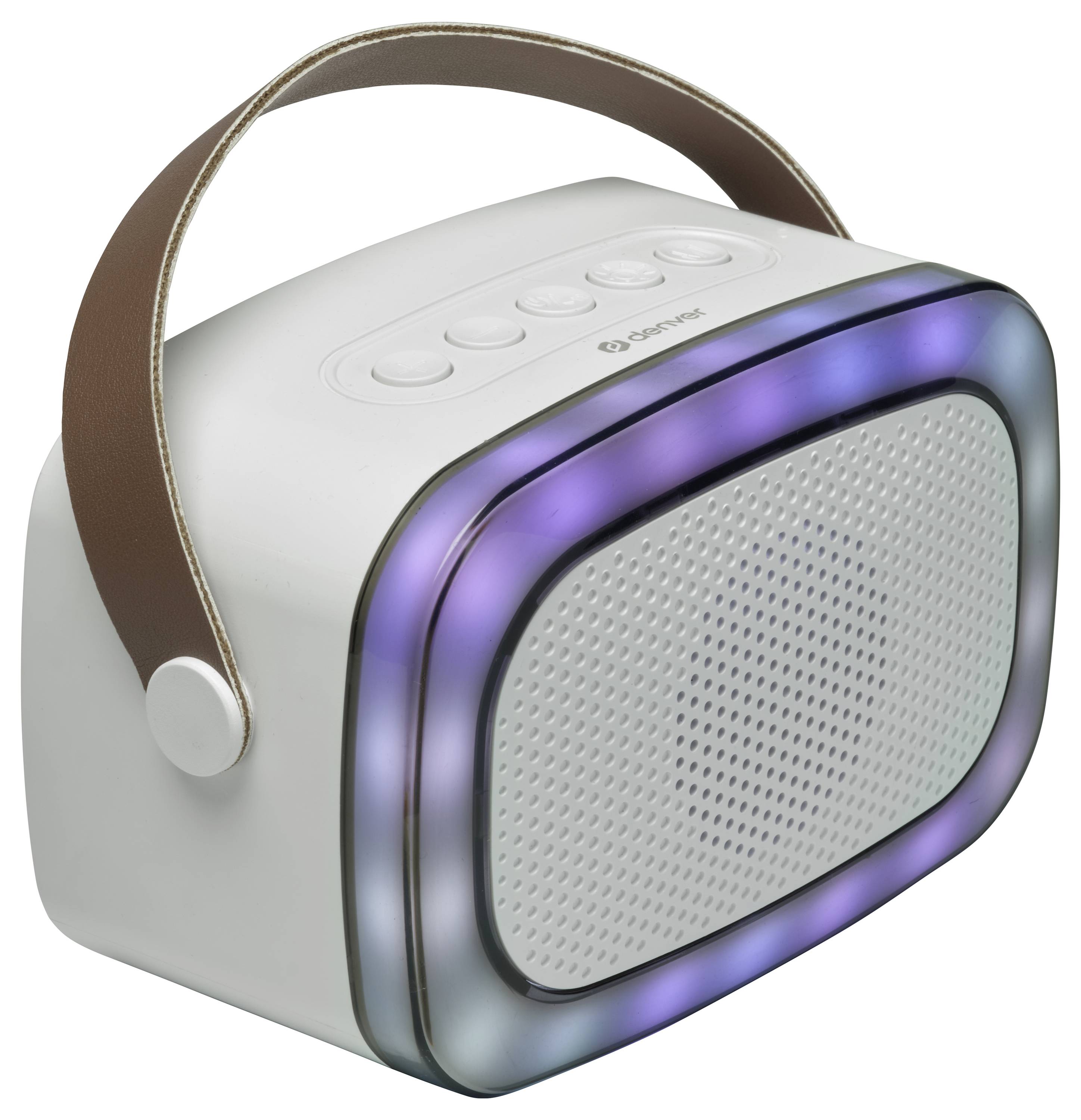 Přenosný bluetooth reproduktor s hnědým koženým popruhem a LED osvětleným lemem kolem přední reproduktorové mřížky.