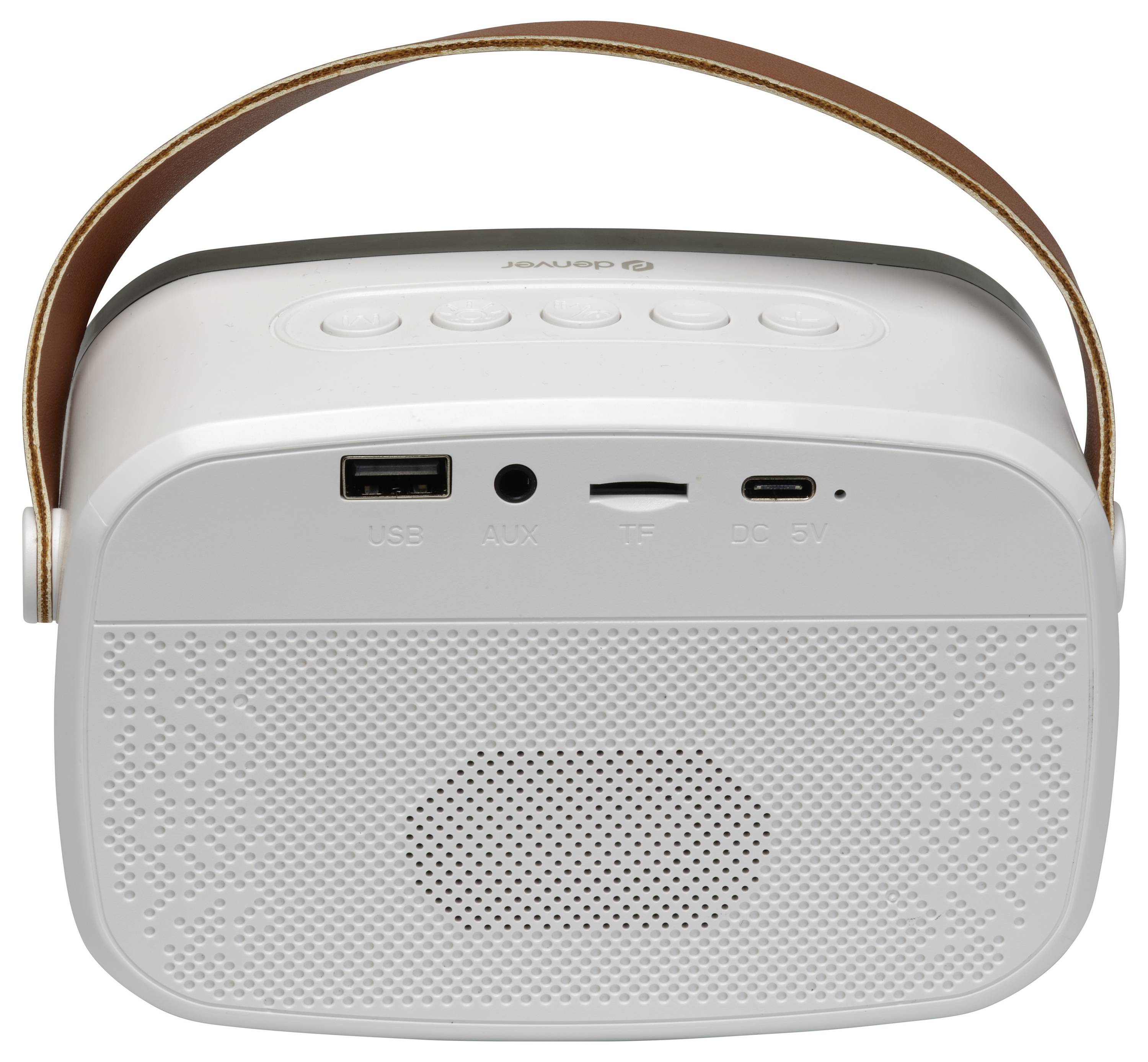 Přenosný bílý Bluetooth reproduktor s hnědým popruhem, s ovládacími tlačítky na horní straně a porty USB, AUX, TF a DC SV na boku.