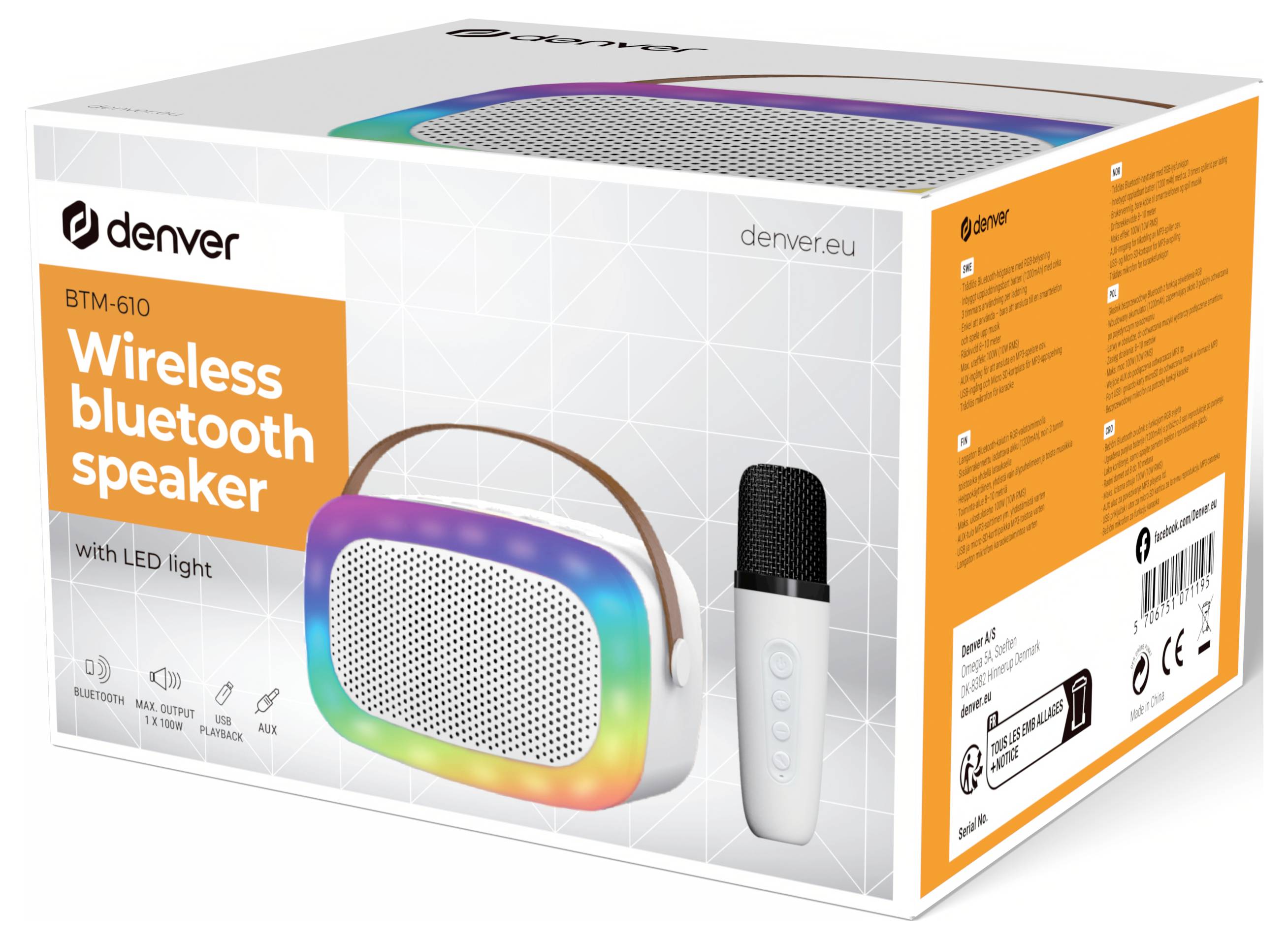 Obrázek ukazuje krabici od bezdrátového reproduktoru Denver BTM-610 s Bluetooth a LED osvětlením, který má barevný design a mikrofon.