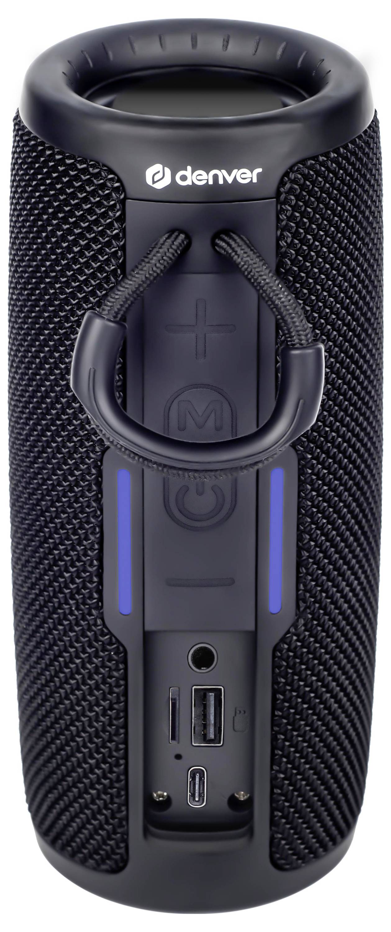 Přenosný černý a modrý bluetooth reproduktor s textilním předním krytem, ovládacími tlačítky a porty na přední straně.
