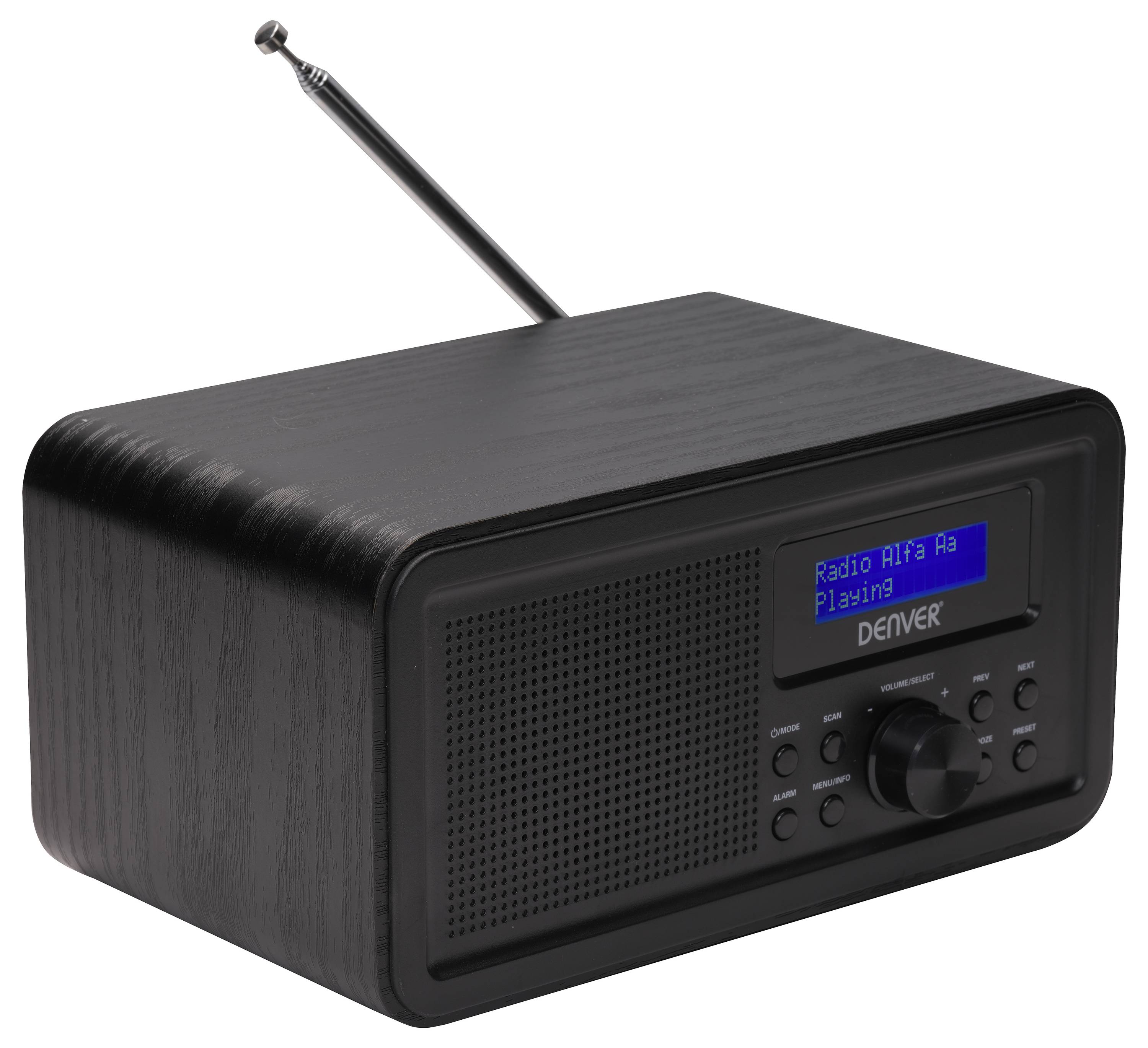 Černý stolní radiopřijímač s vysunutou anténou a digitálním displejem zobrazujícím 'Radio Alfa Ra Playing', vybavený tlačítky a ovládacím kolečkem hlasitosti.