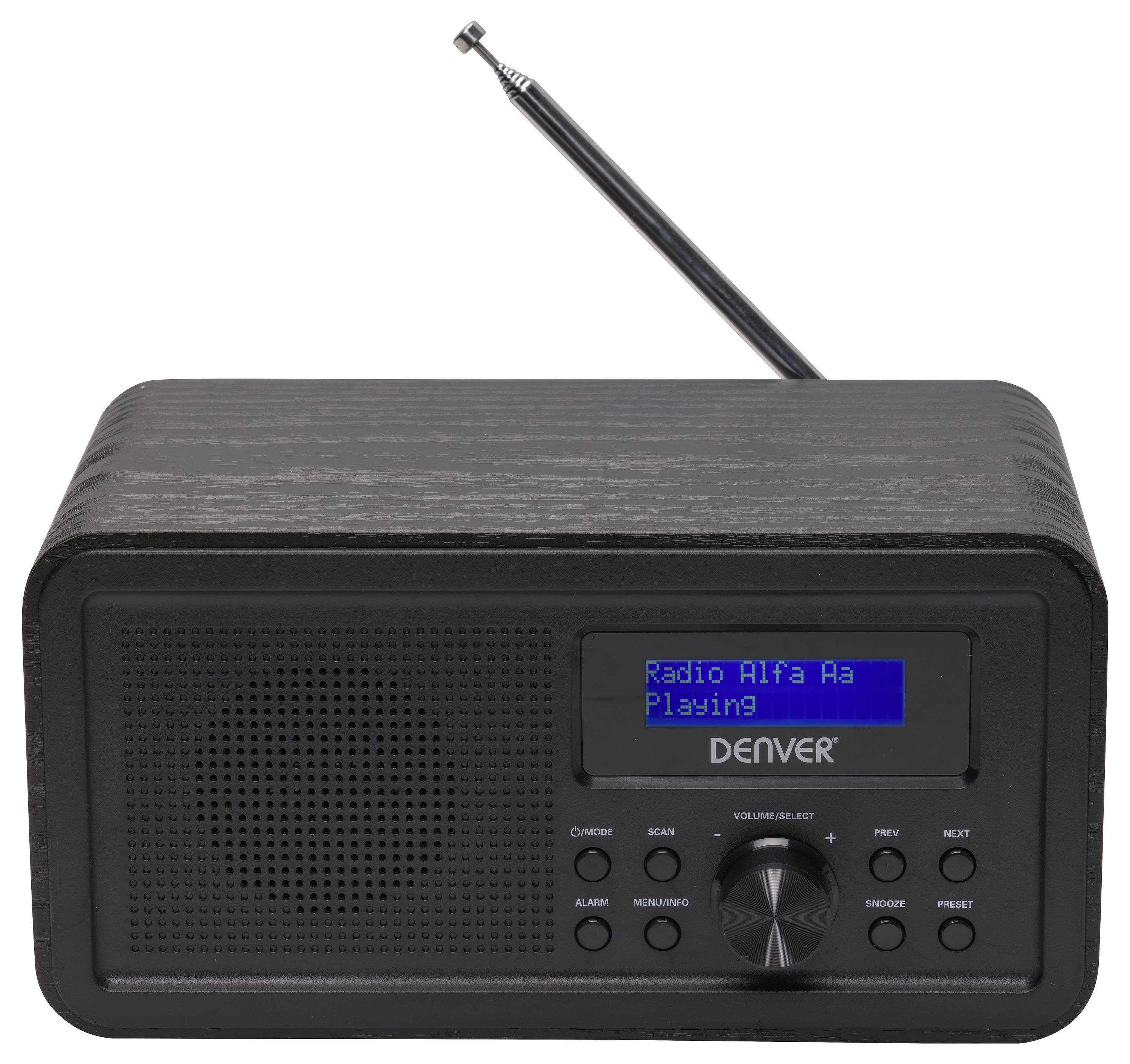 Černý, obdélníkový stolní rádiopřijímač s anténou. Na displeji je zobrazeno 'Rádio Alfa Ma Hraje', což ukazuje aktuální rádiovou aktivitu.